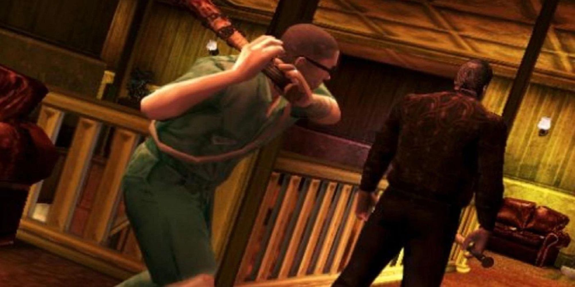 A man with a baseball bat sneaks up behind someone else in manhunt 2
