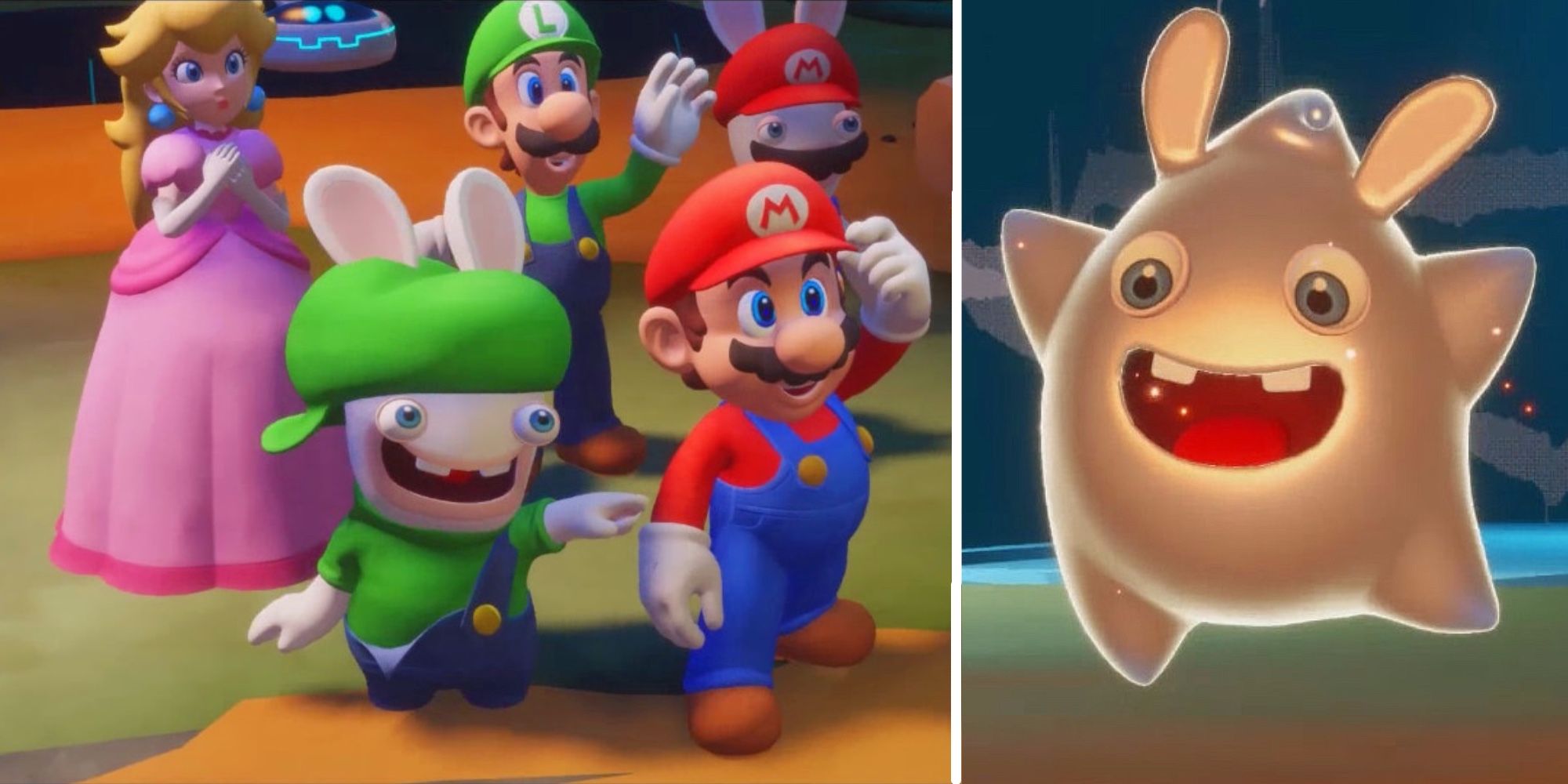 the super Mario characters as well as the rabbids with the first spark they meet in Mario Rabbids Sparks Of Hope