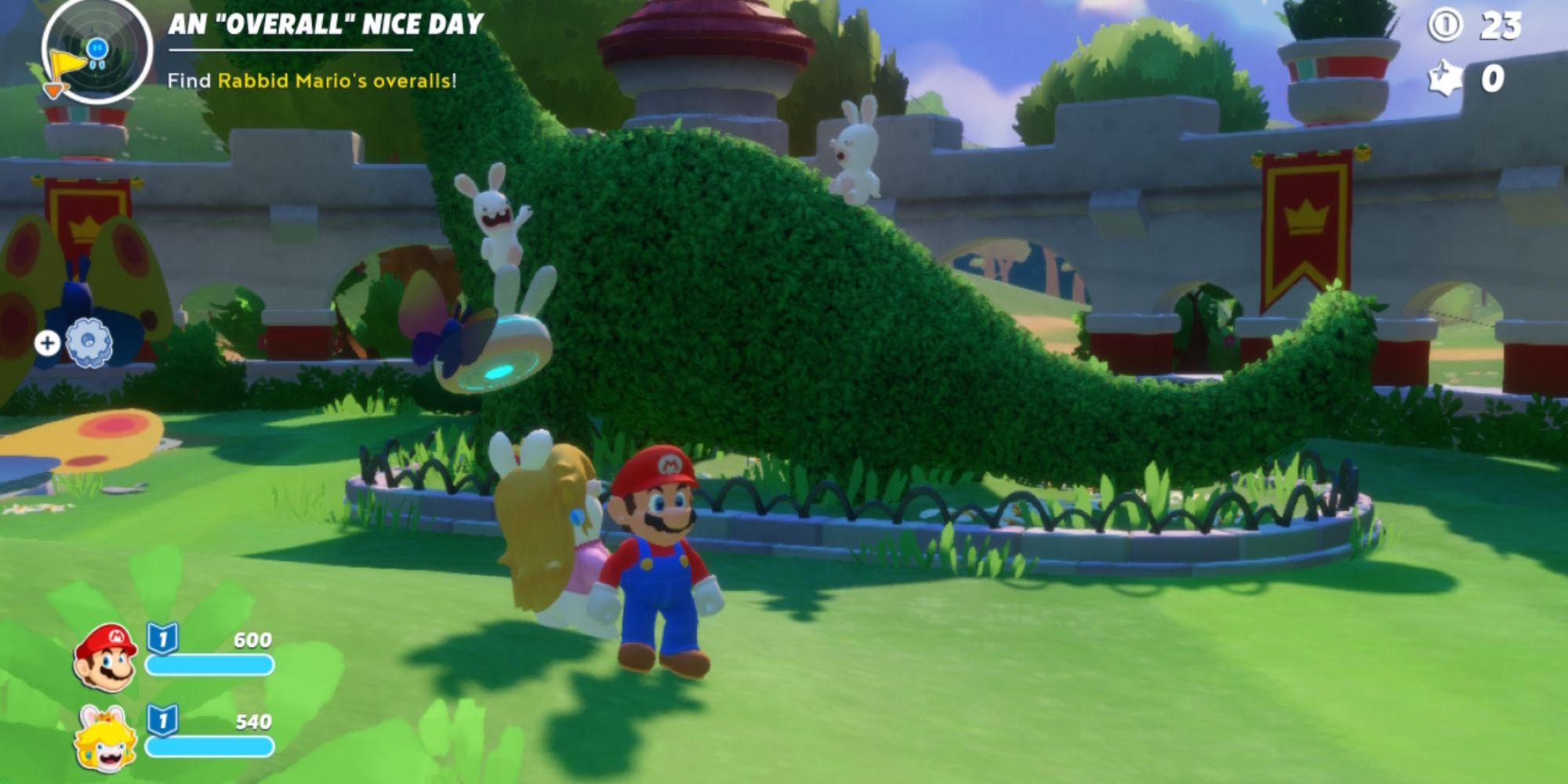 Mario Rabbids Sparks of Hope Rabbids Sliding Down Dinosaur Hedge While Rabbid Peach Watches