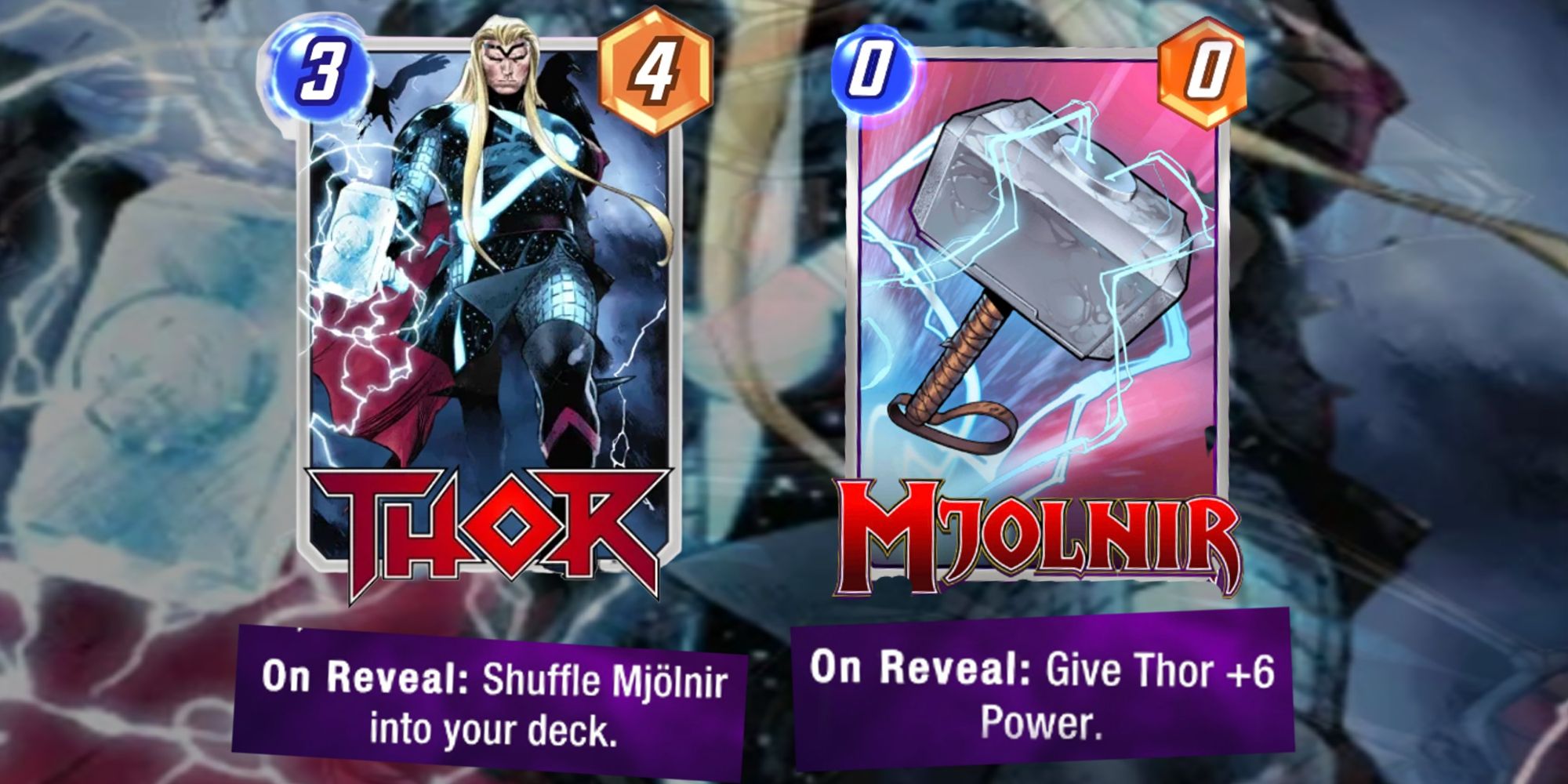 Marvel Snap - Thor and Mjolnir cards on a blurred background