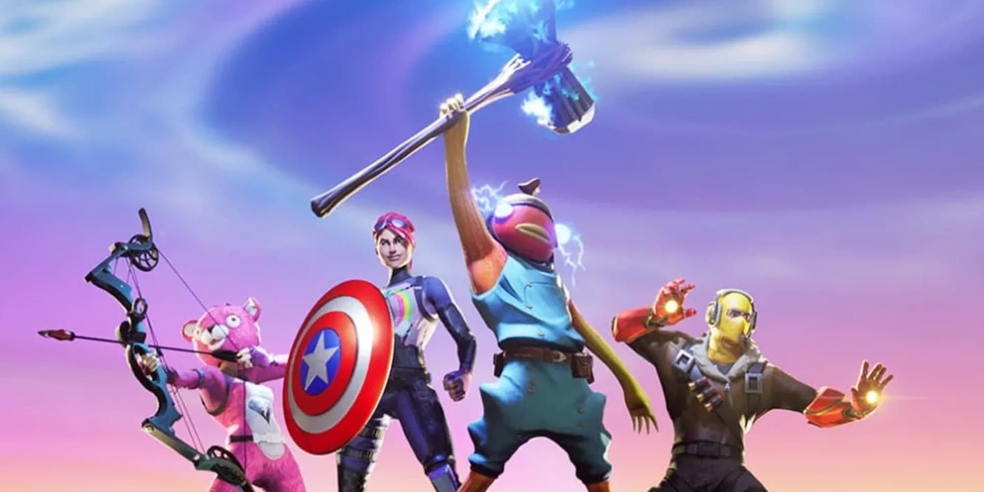 Fishsticks holds Stormbreaker while other Fortnite characters wield iconic Marvel powers and weaponry.