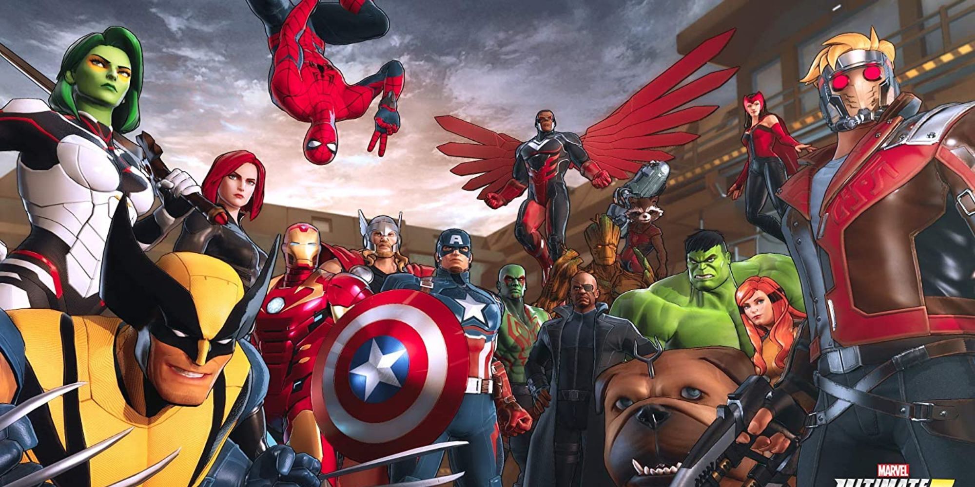 A large cast of Marvel characters pose together outside of a building