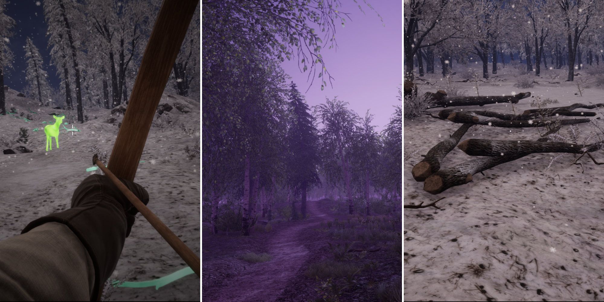 Split Image of a hunter aiming a bow, a forest at dawn, and a pile of logs