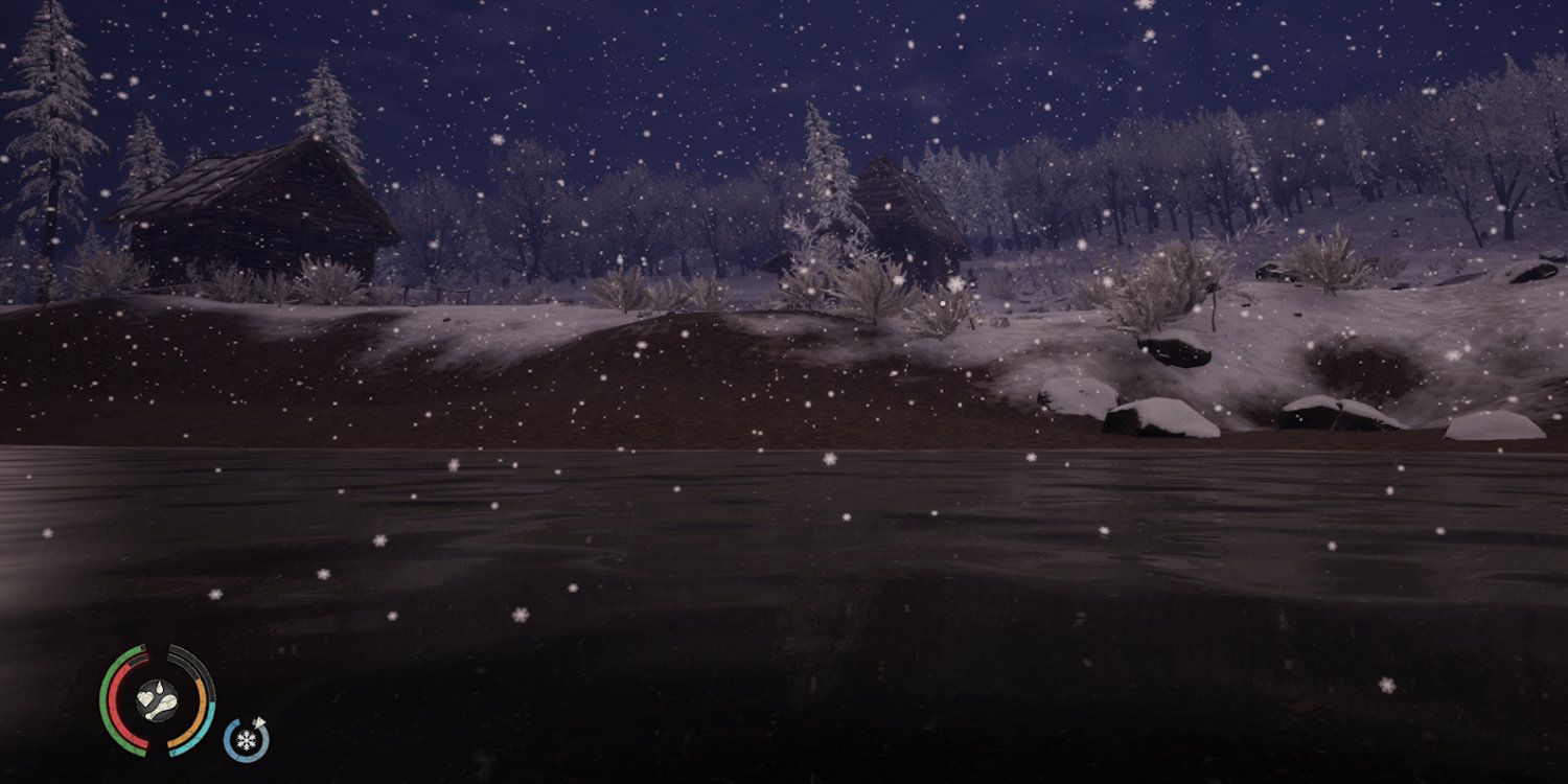 The player perspective as they sit neck deep in a river during winter