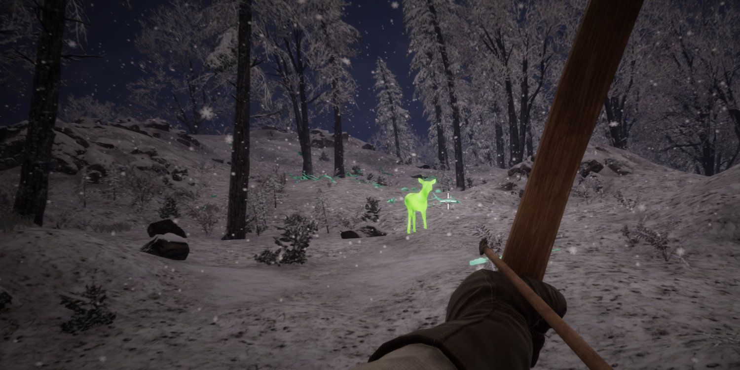 First person view of a hunter aiming a deer with a bow in winter.