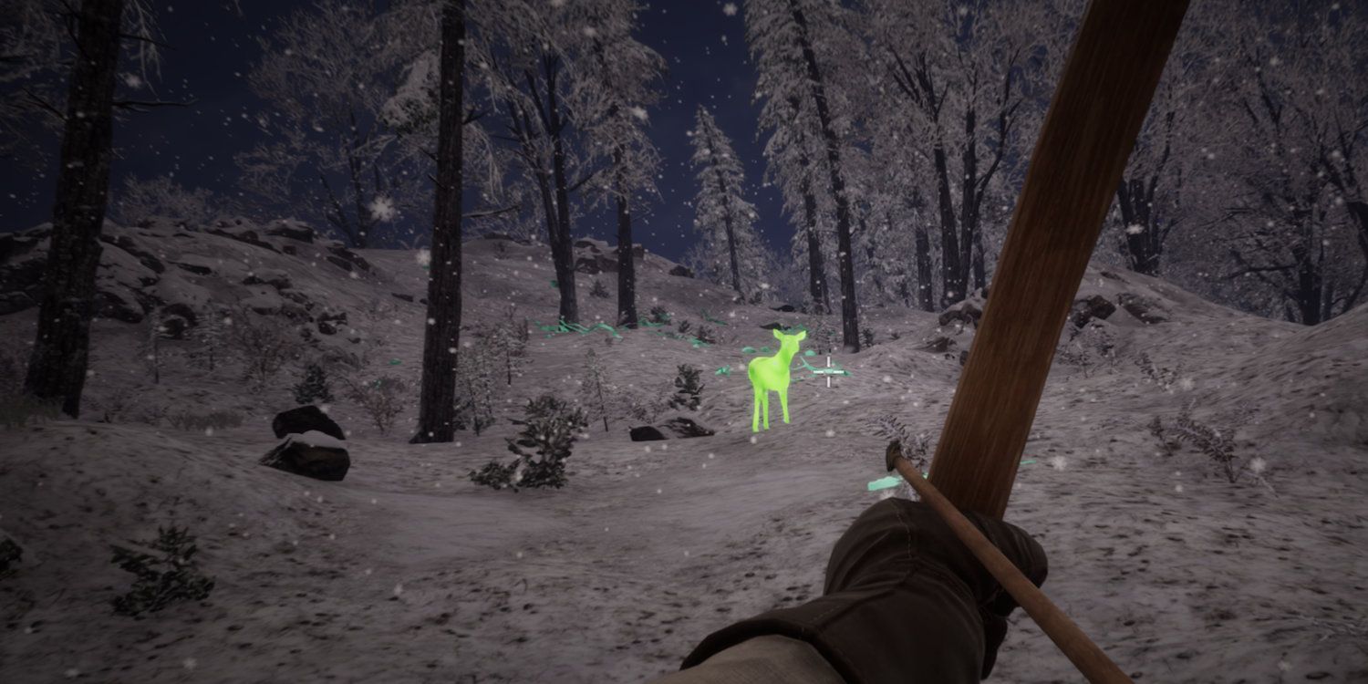 A first person view of a hunter aiming at a deer with a bow in winter