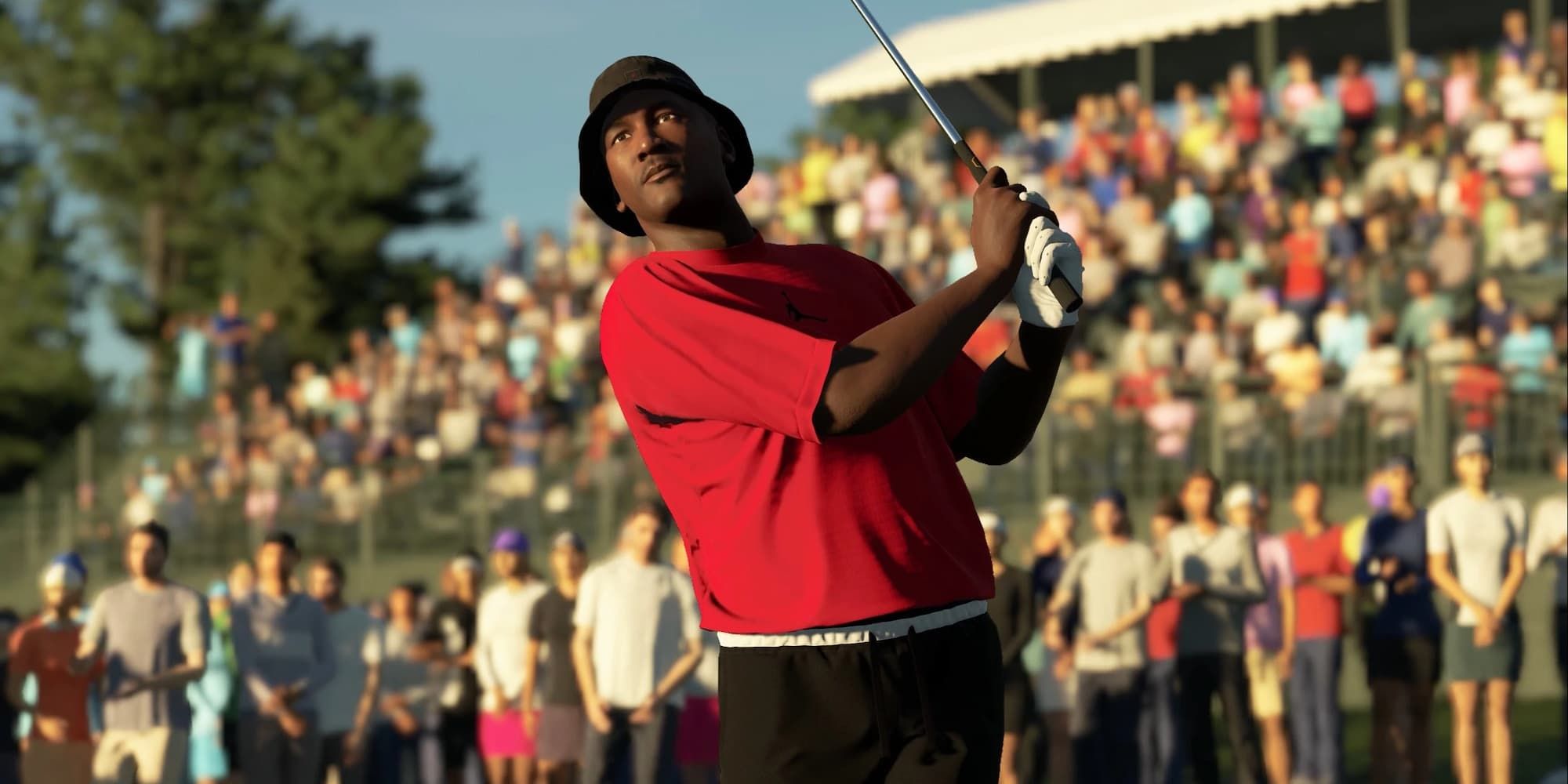 Michael Jordan stands in front of a large crowd while following through after a short swing.