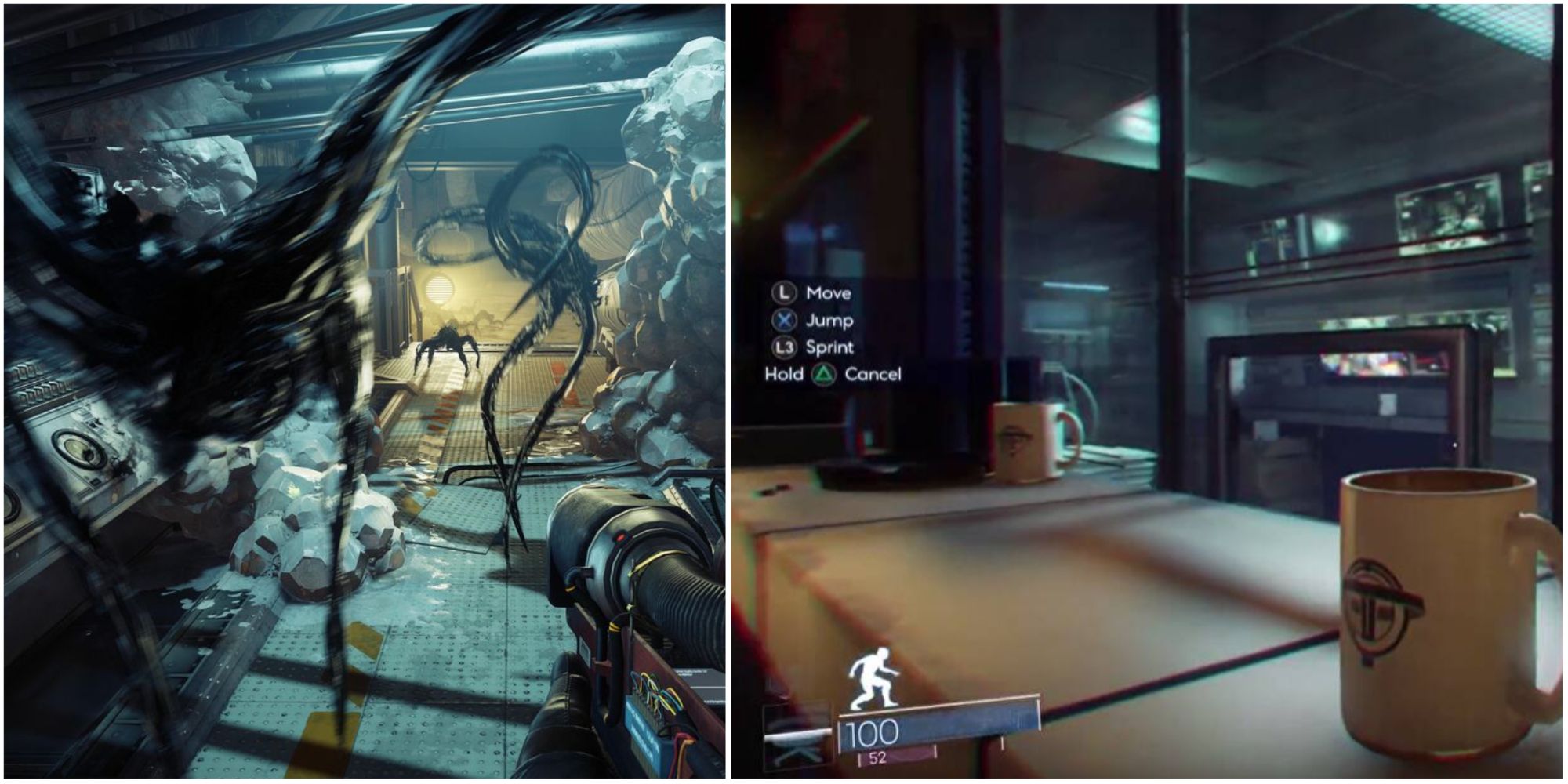 Collage of fightinh Mimic aliens and a playable/controllable coffee mug after using Mimic Matter in Prey
