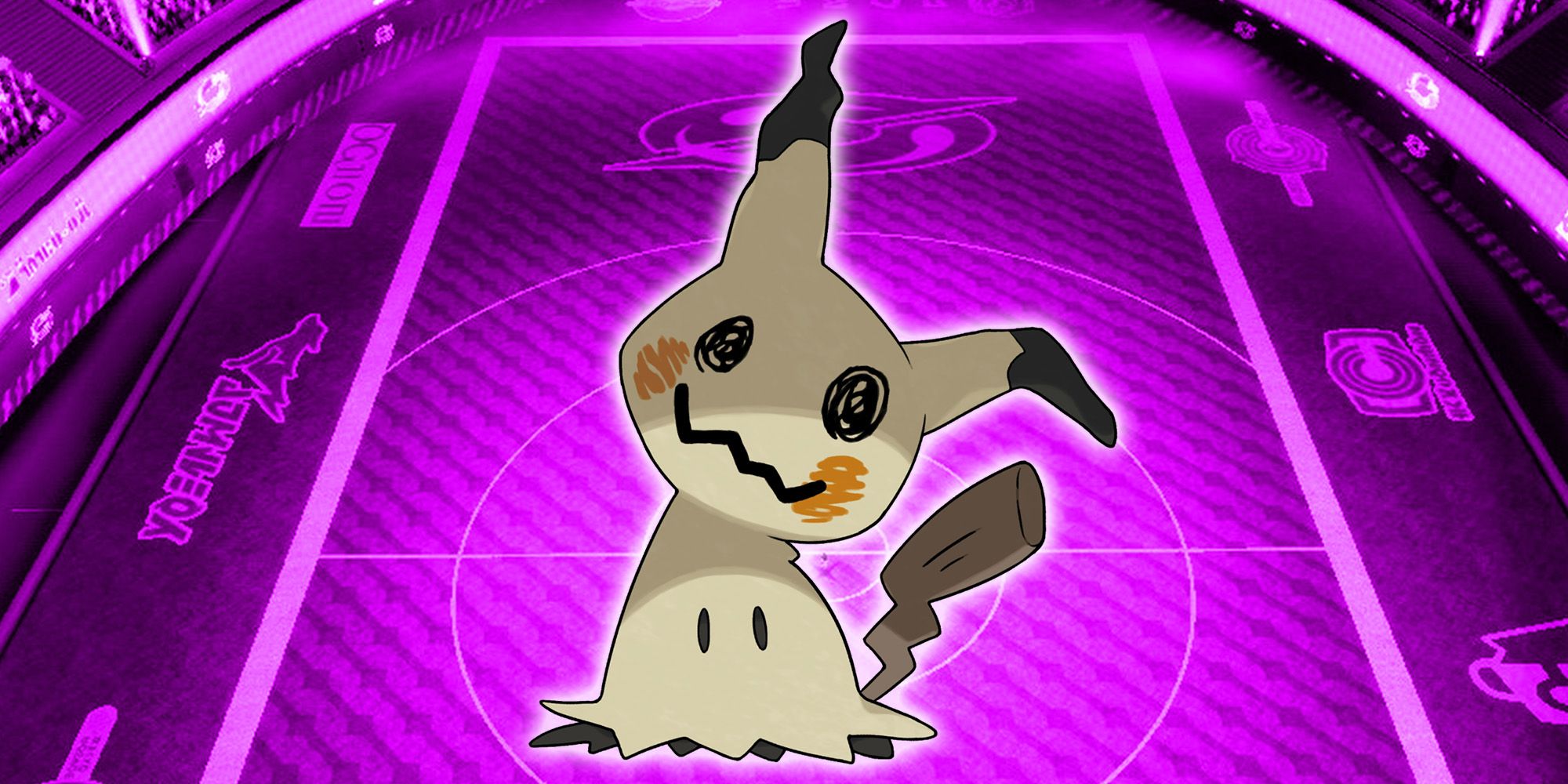 Mimikyu with purlple battle stadium in background