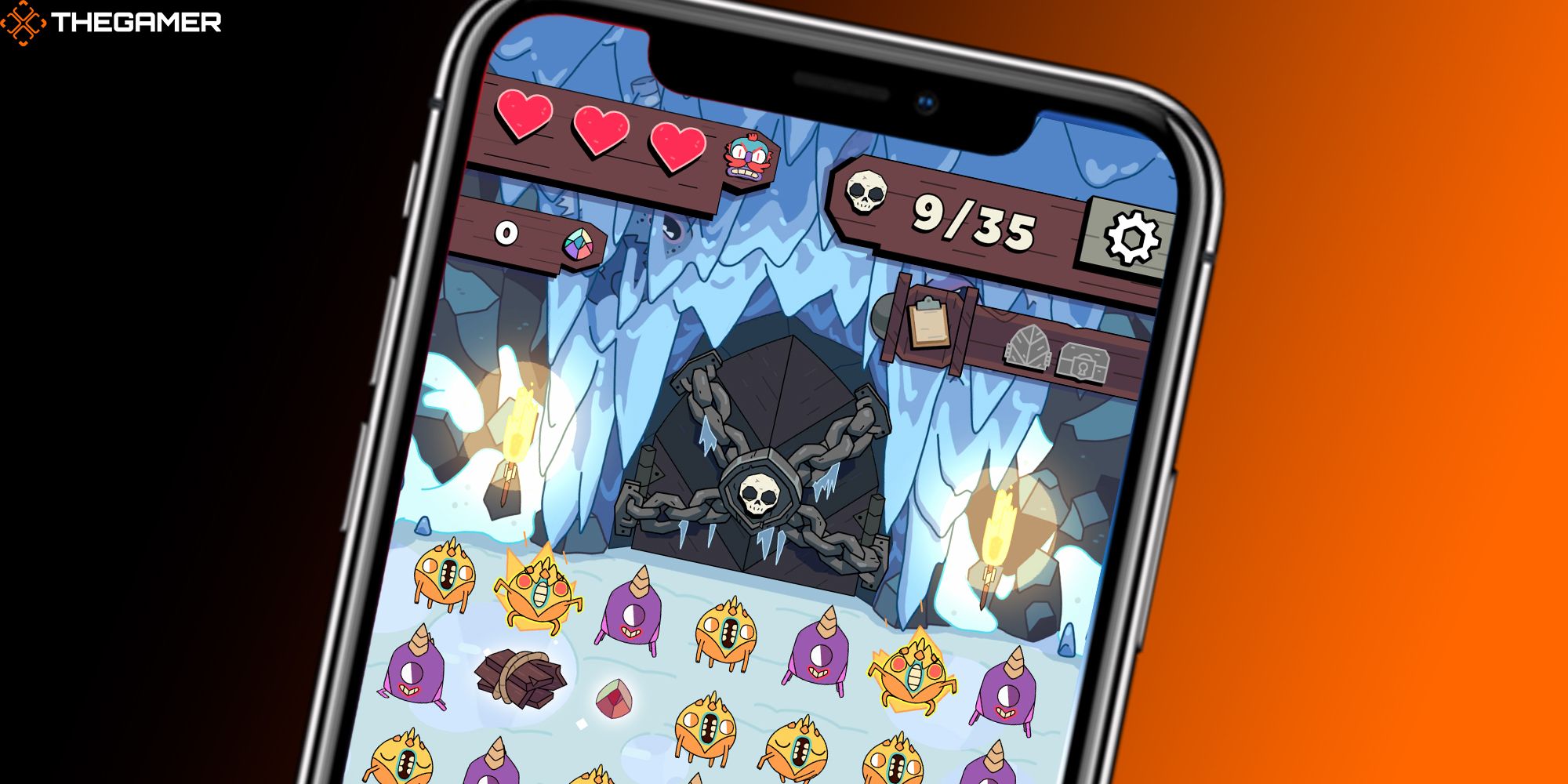 An iPhone screen displays Grindstone gameplay. The phone itself sits on an orange and black backdrop. Custom image for TG.