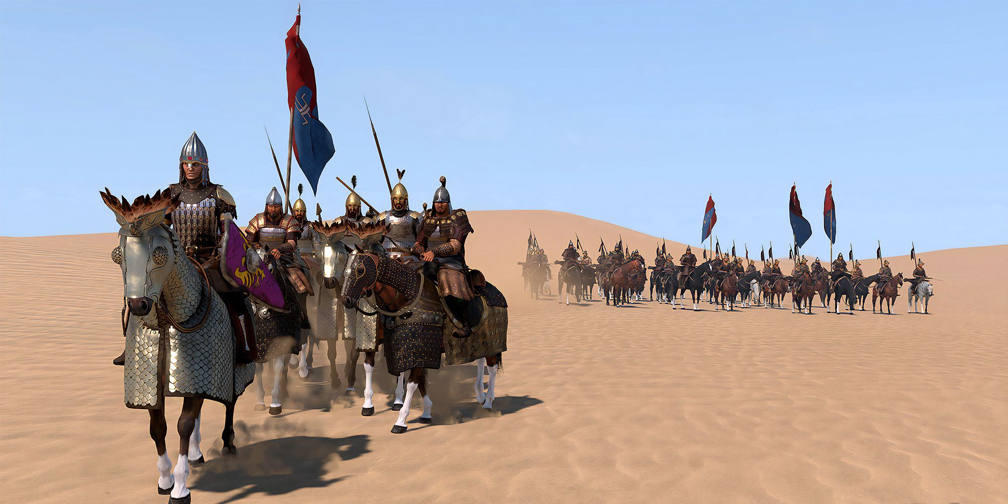 Two groups of cavalry in a desert