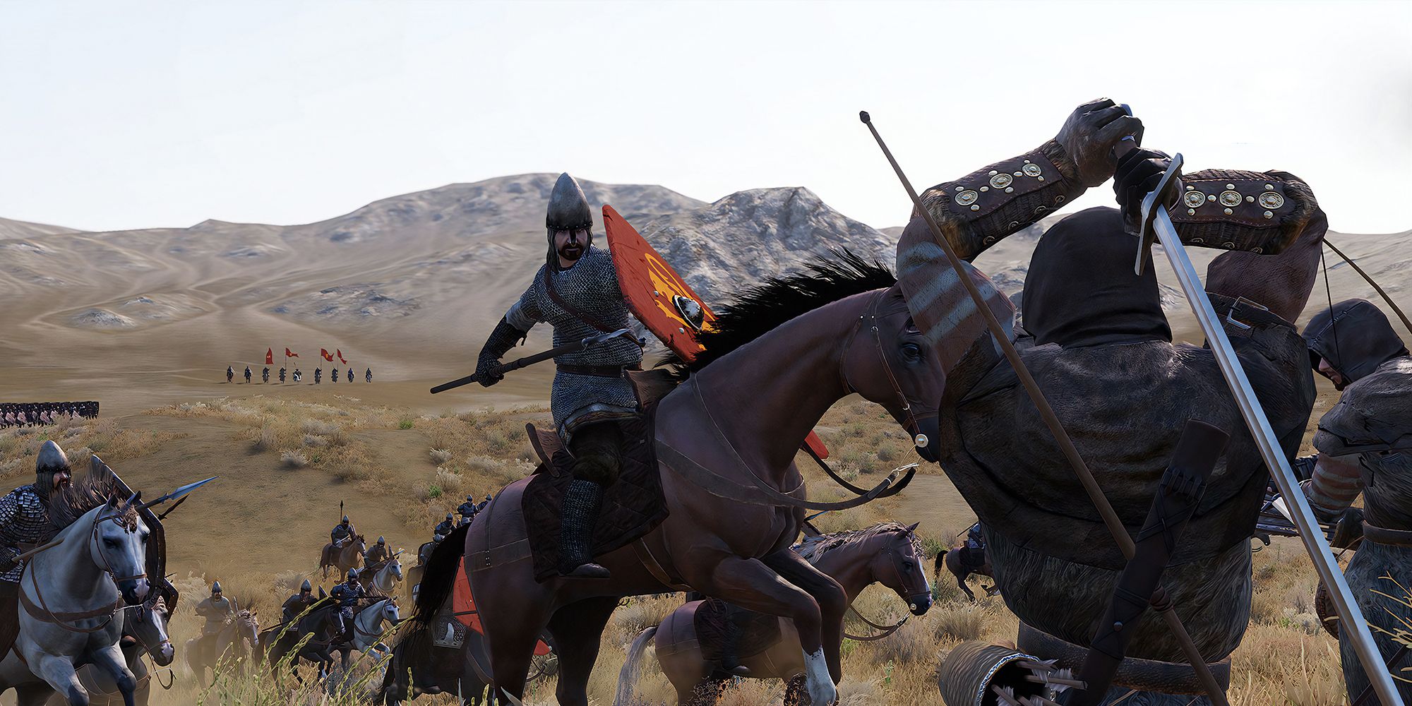 A swordsman fighting a cavalry in the midst of a battle in the hills