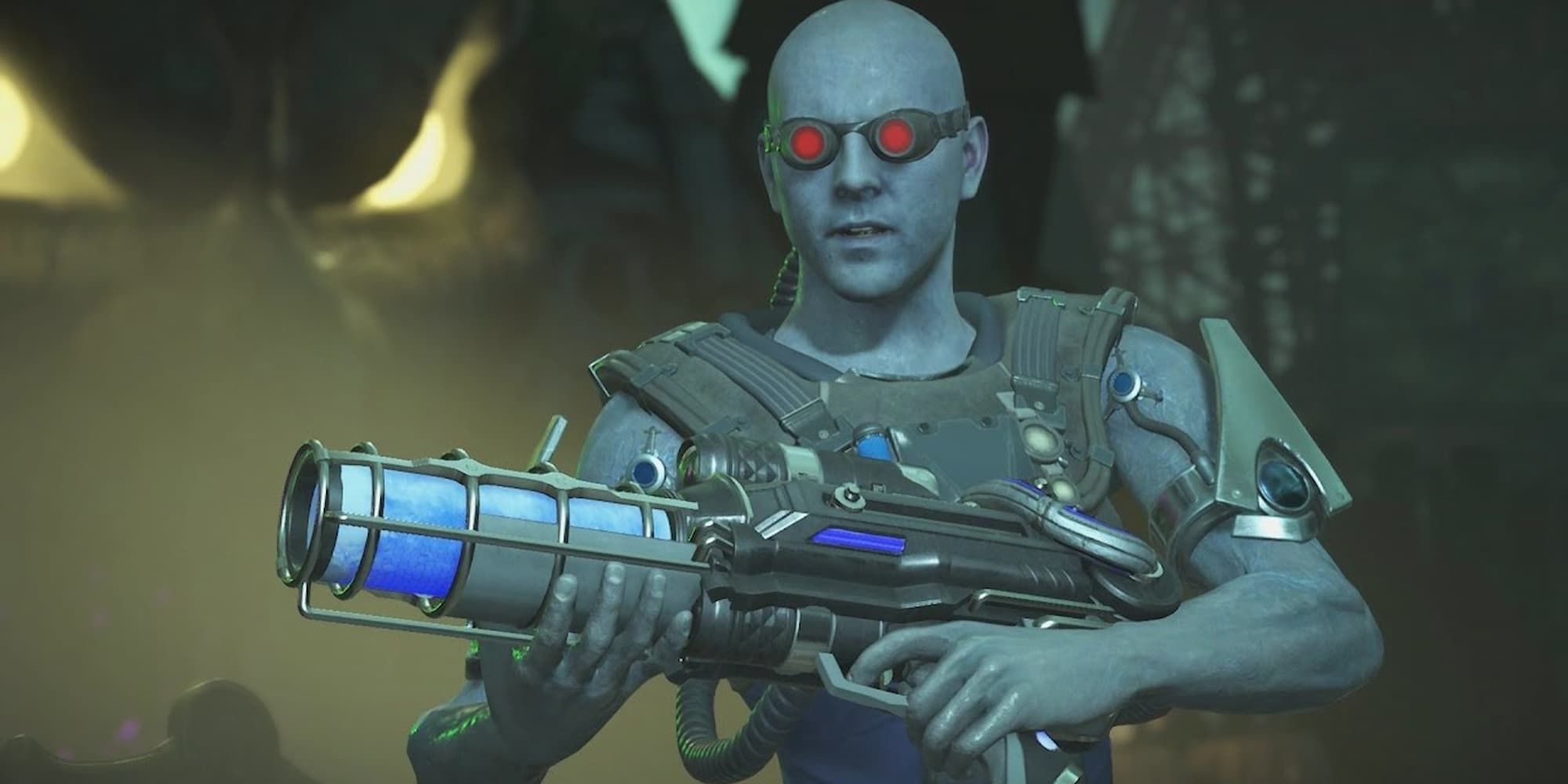 Mr Freeze stands with his cold gun.