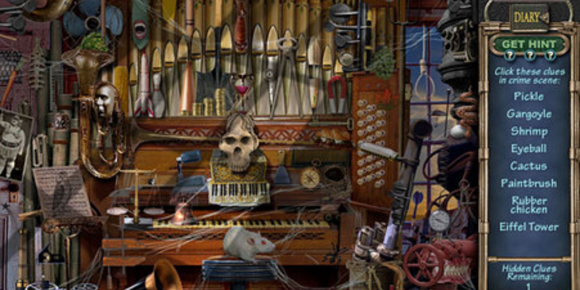 A large organ covered in cobwebs and some other junk for the hidden object game