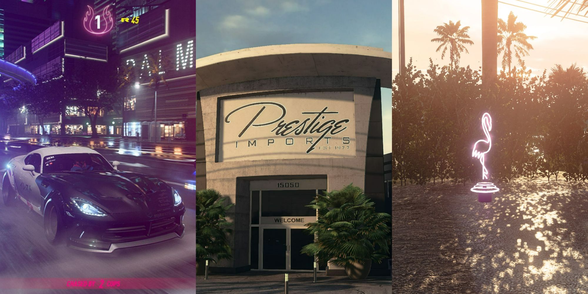 NFS Heat split image with car, dealership and flamingo