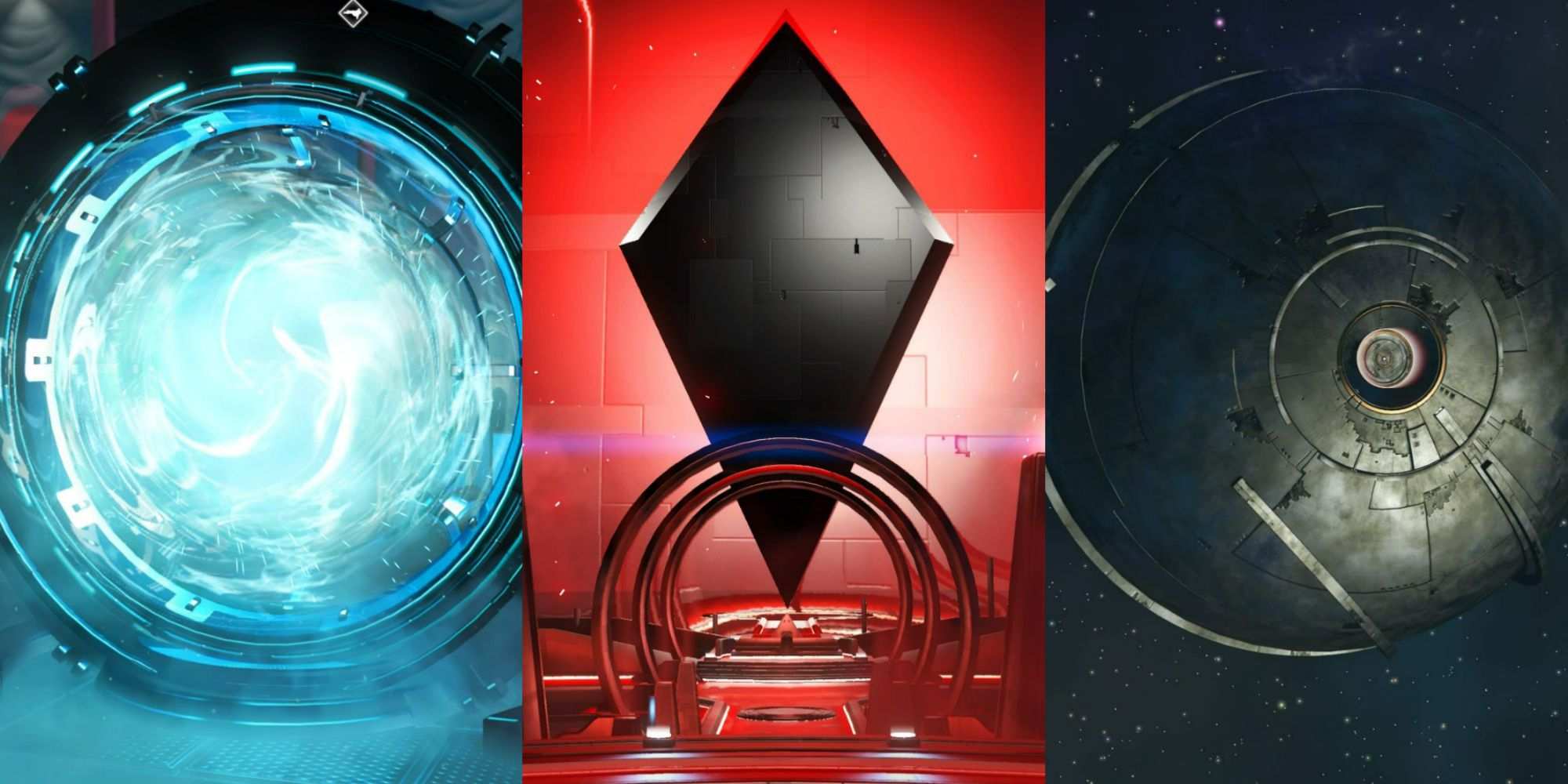 No Man's Sky split image of teleport, Atlas, and Space Anomaly 