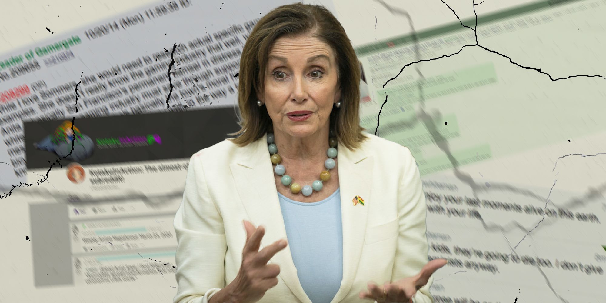 Nancy Pelosi surrounded by forum posts about Gamergate