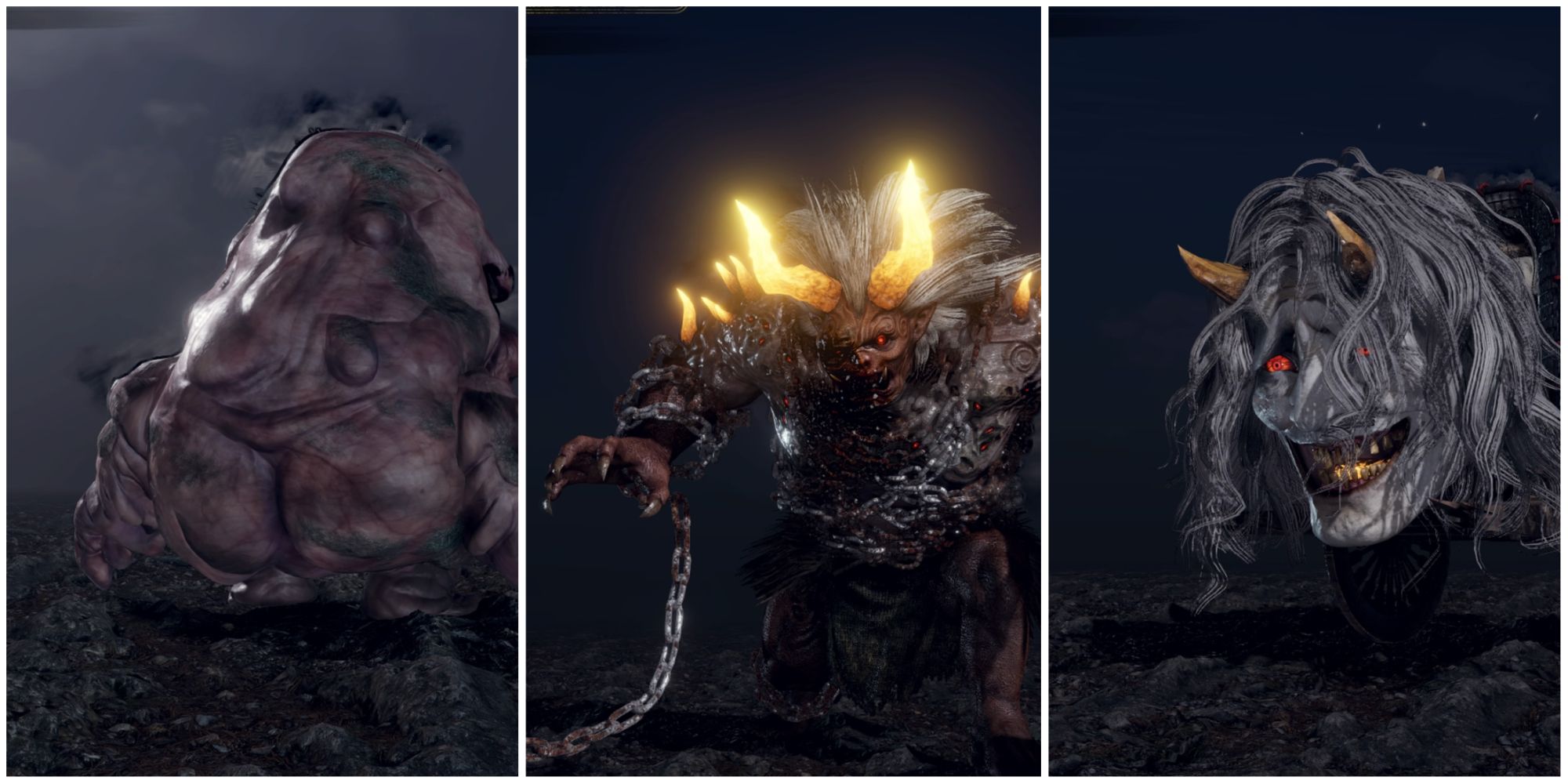 Nuppeppo, Onryoki and Oboroguruma in the Nioh 2 model viewer, left to right