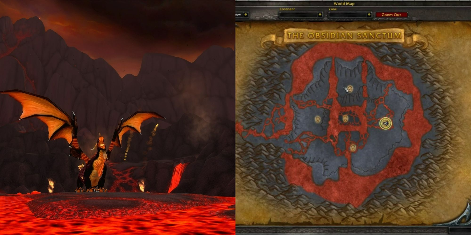 World of Warcraft Wrath of the Lich King split image of Obsidian Sanctum map and Sartharion roaring in game