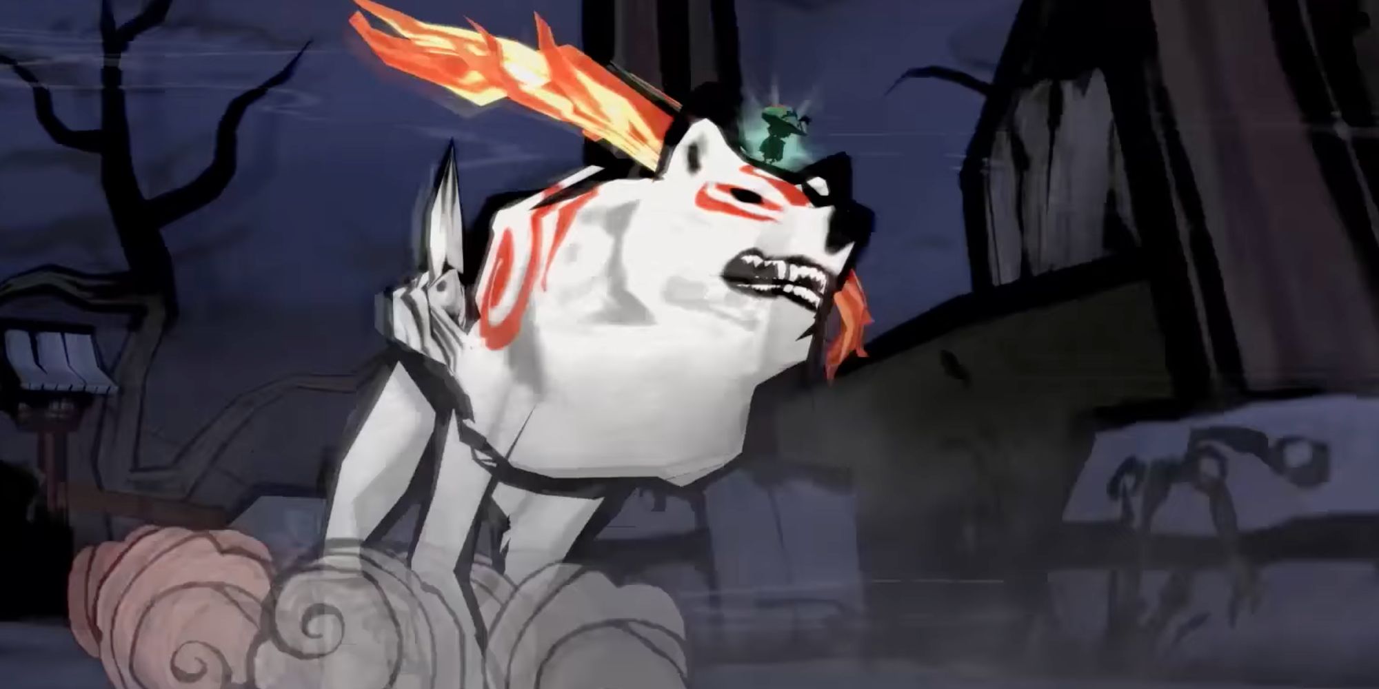 Amaterasu bares her teeth in anger in Okami.