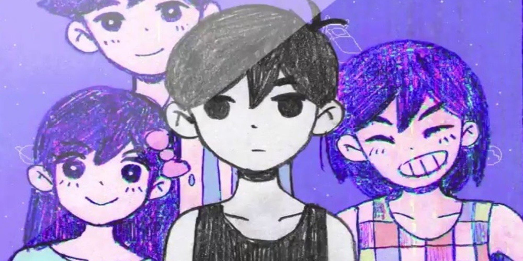 A selfie-like close-up of Omori and the group of friends in the hazy imaginary purple world of the Head Space.