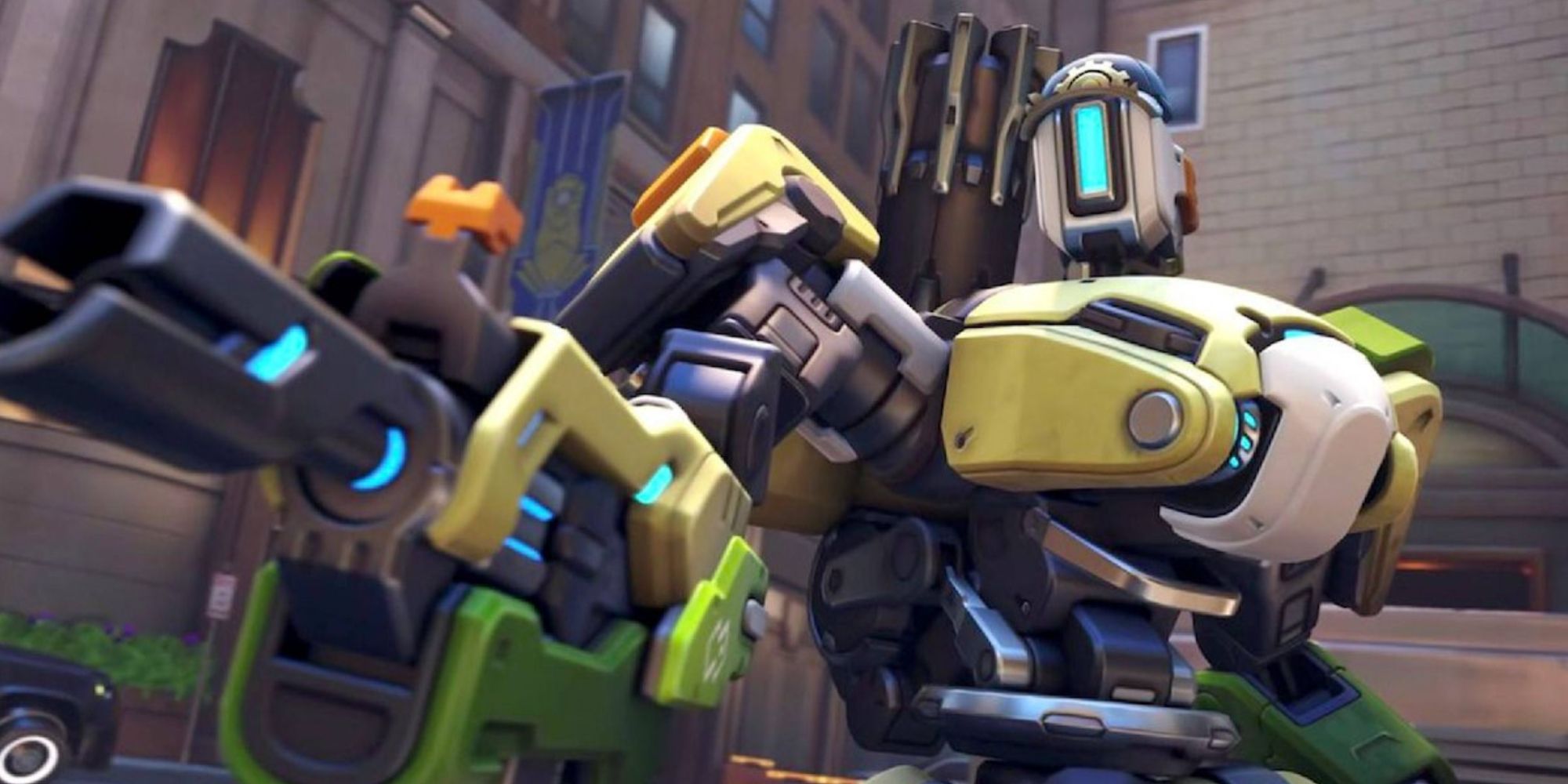 Bastion in Overwatch 2 up close pose aiming off screen