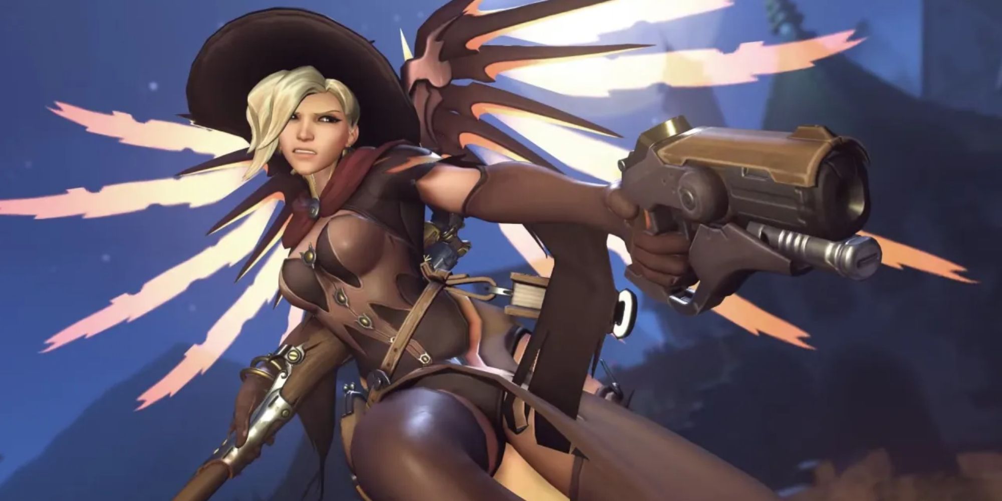 Witch Mercy in Overwatch 2 flying and aiming pistol off screen