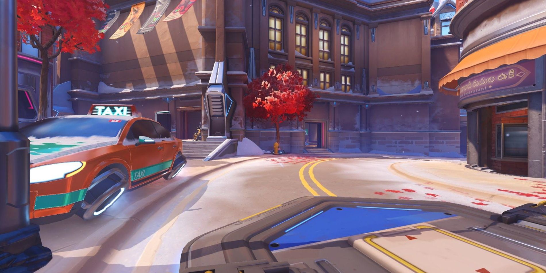 Several flanks on the New Queen Street map in Overwatch 2.