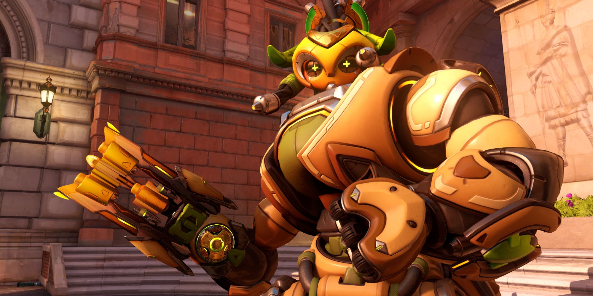 Orisa in Overwatch 2 posing with chain gun angled