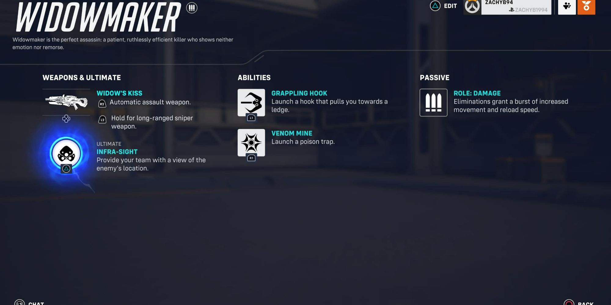Widowmaker Weapon and Abilities Screen