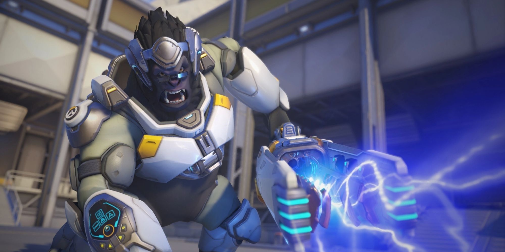 Winston in Overwatch 2 growling and wielding plasma rifle