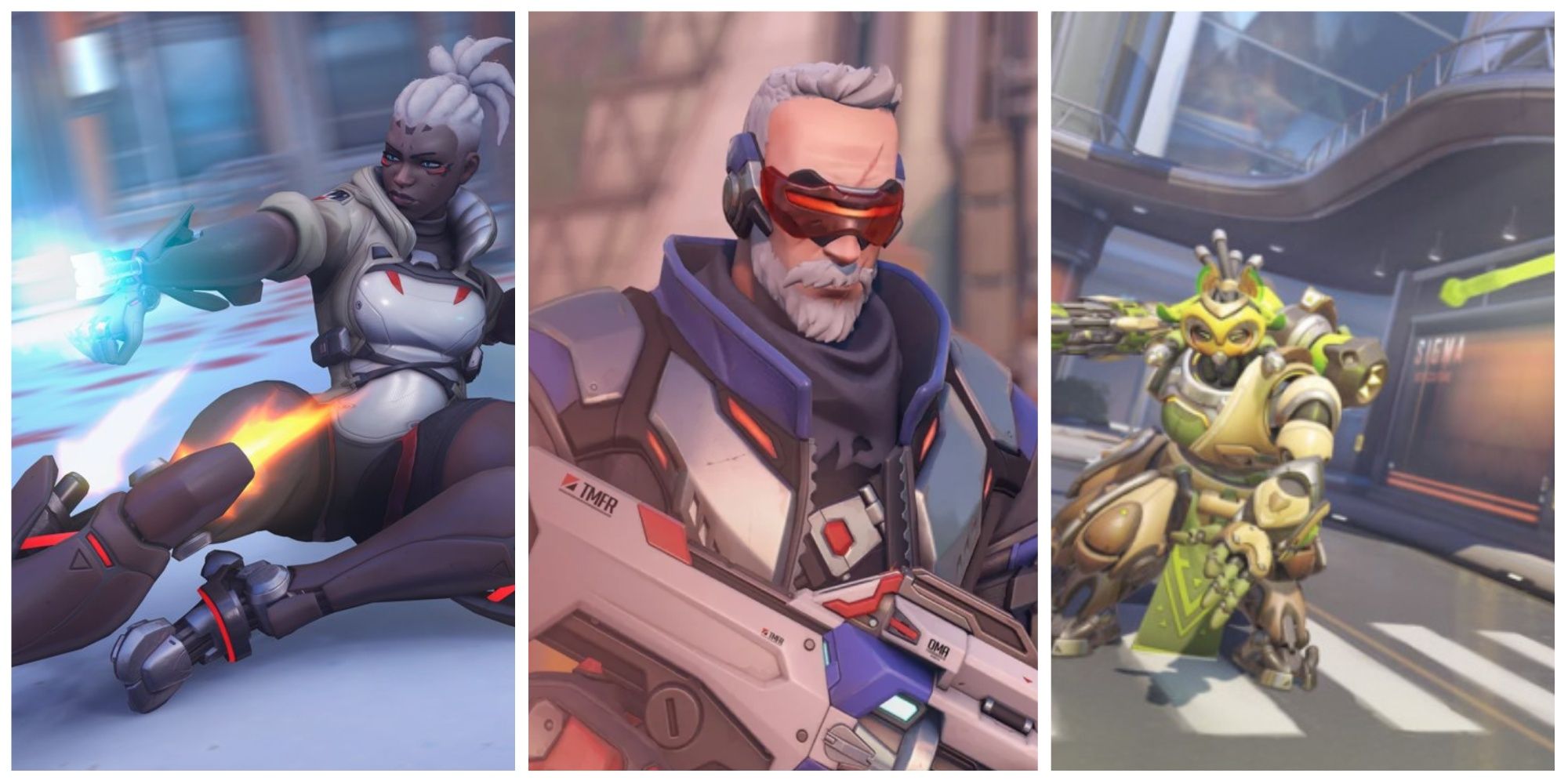 Overwatch 2 collage of Sojourn (left), Soldier 76 (middle) and Orisa (right)