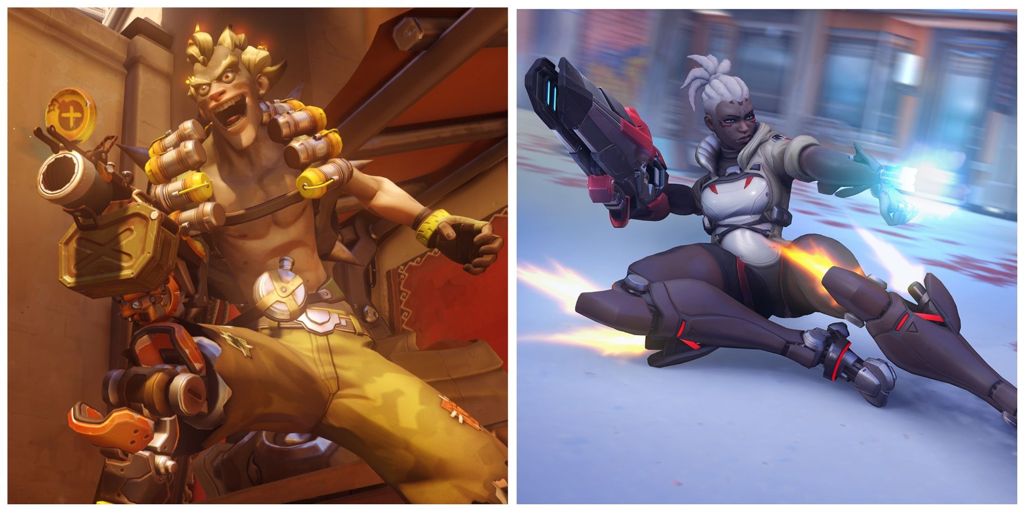 Overwatch 2 screenshot of characters Junkrat (left) and Sojourn (right)