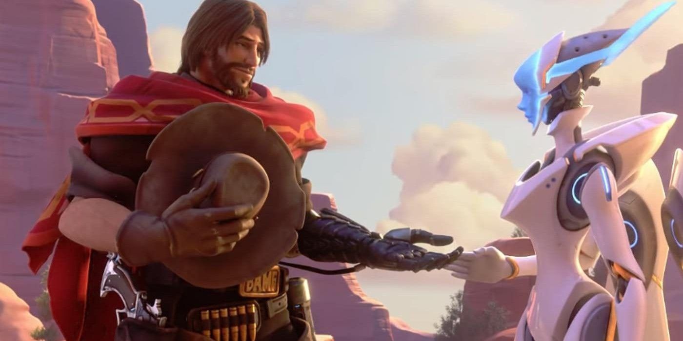 Overwatch screenshot of Cassidy with his hat off extending an arm to Echo