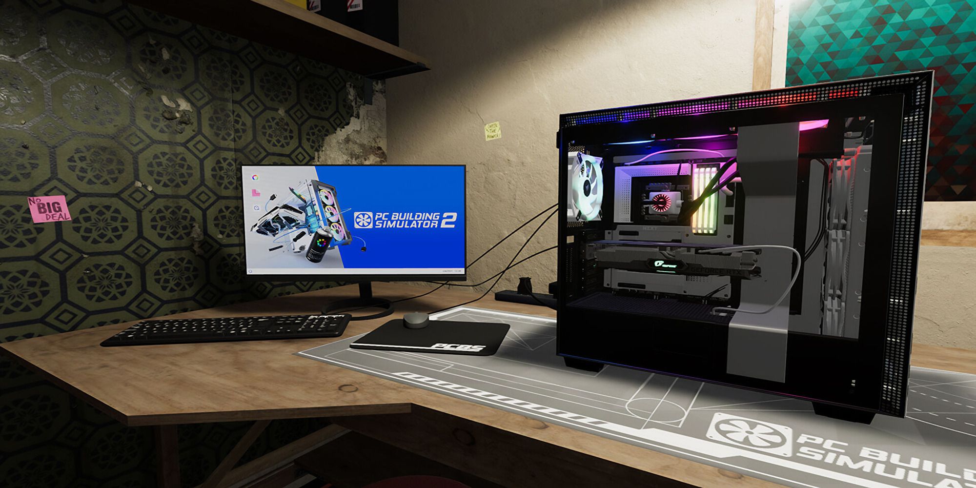 A fully built gaming PC connected to a monitor and peripherals
