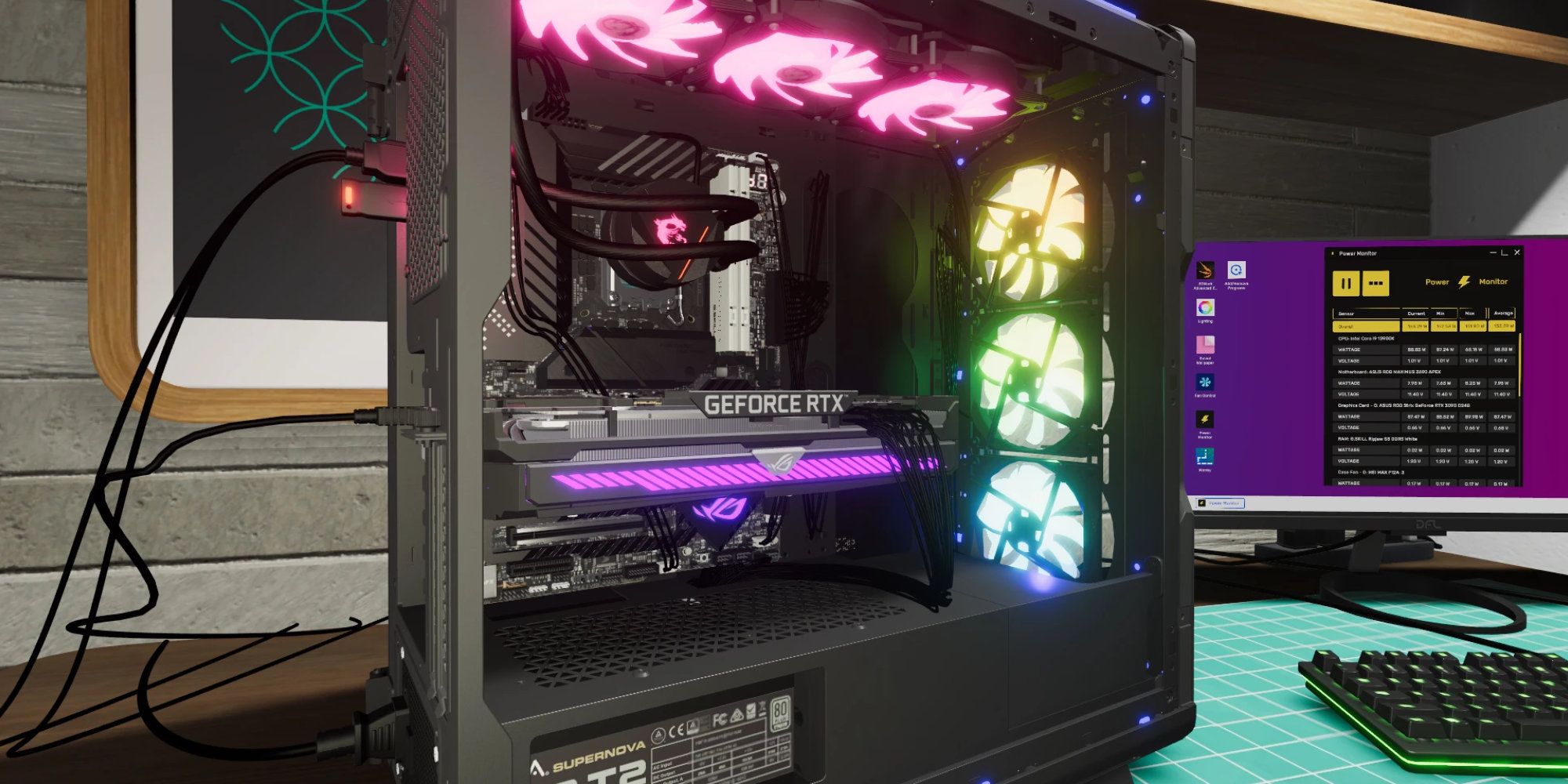A multicolored light system illuminating the inside of a PC