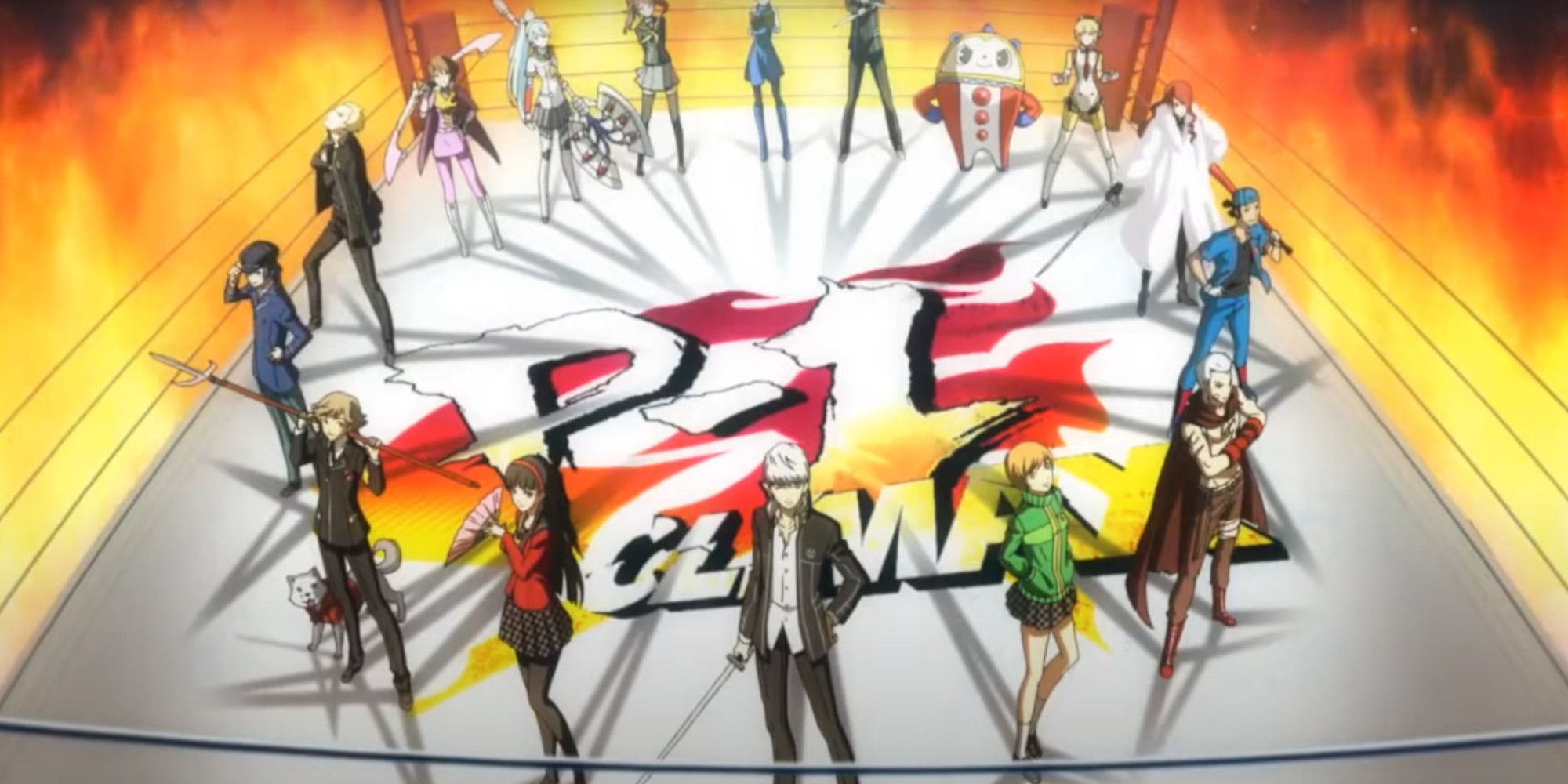 The cast of Persona 4 Arena Ultimax inside a fighting ring