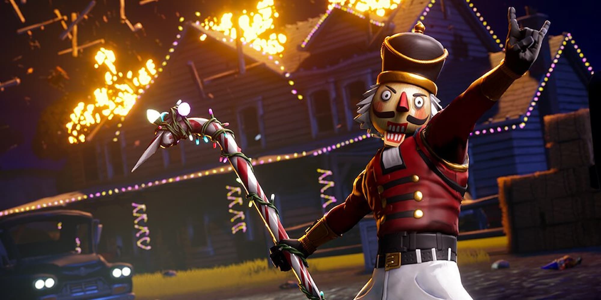 A nutcracker skin in Fortnite stands ready to swing its candy cane Harvesting Tool in the Pickaxe Frenzy Limited Time Mode.
