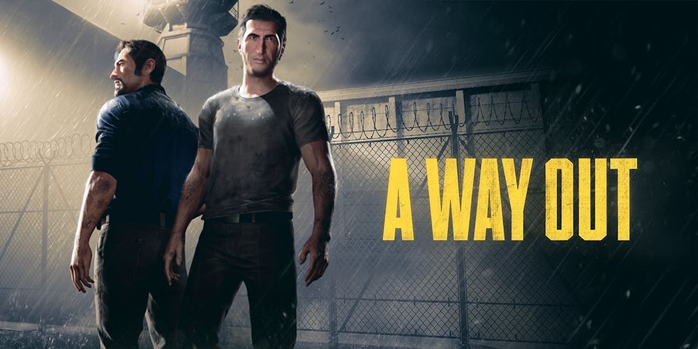 A Way Out characters standing back to back with the game's title on the right.