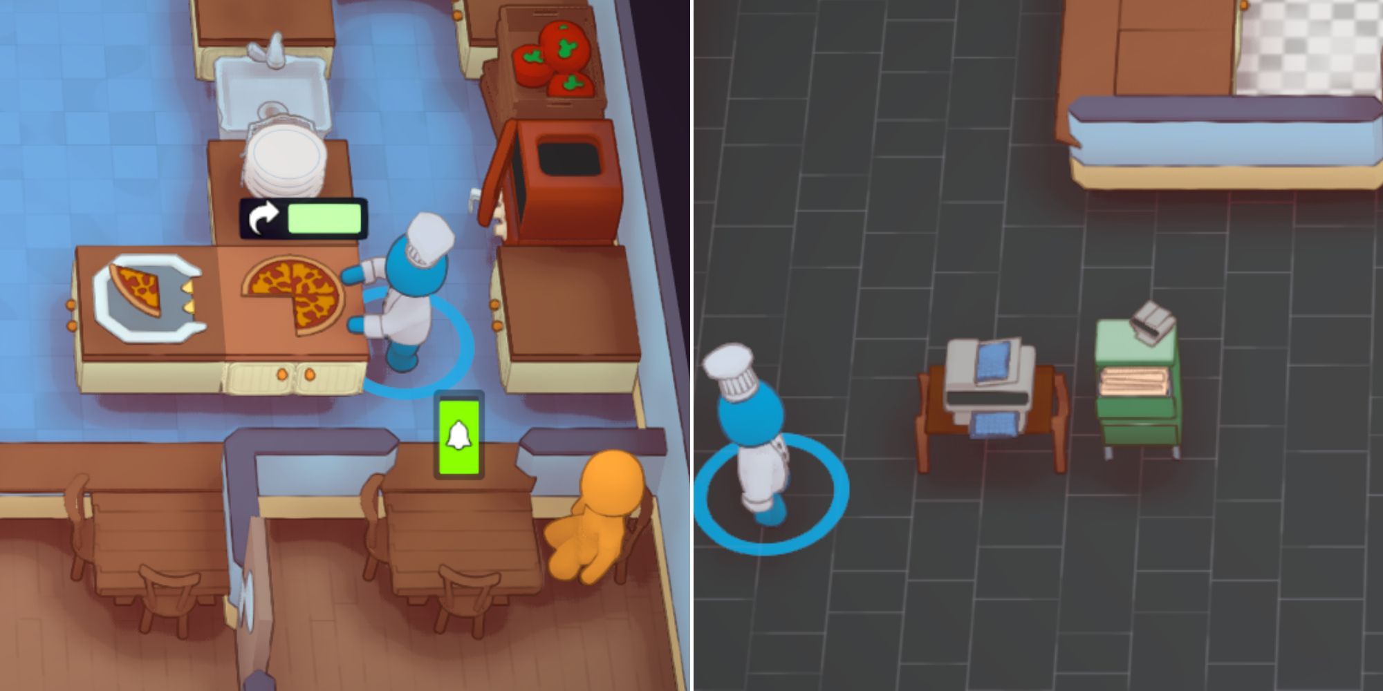 The player near the portioner cutting a slice of a pizza and the copying desk ready to be used next to the blueprint cabinet in PlateUp