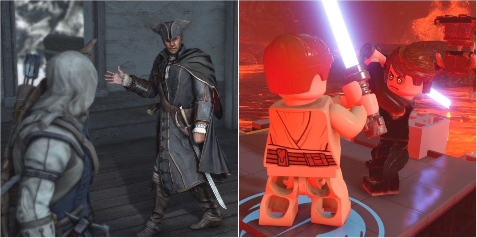 Playable Characters Who Fight Featured Split Image Assassin's Creed 3 and LEGO Star Wars
