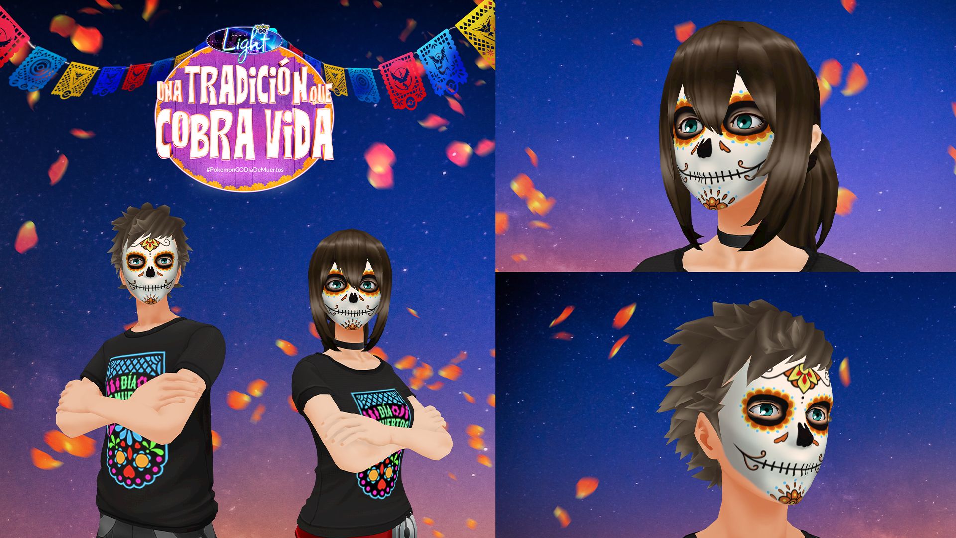 Images of four Avatars from Pokemon Go, all wearing Dia de Muertos Avatar Items