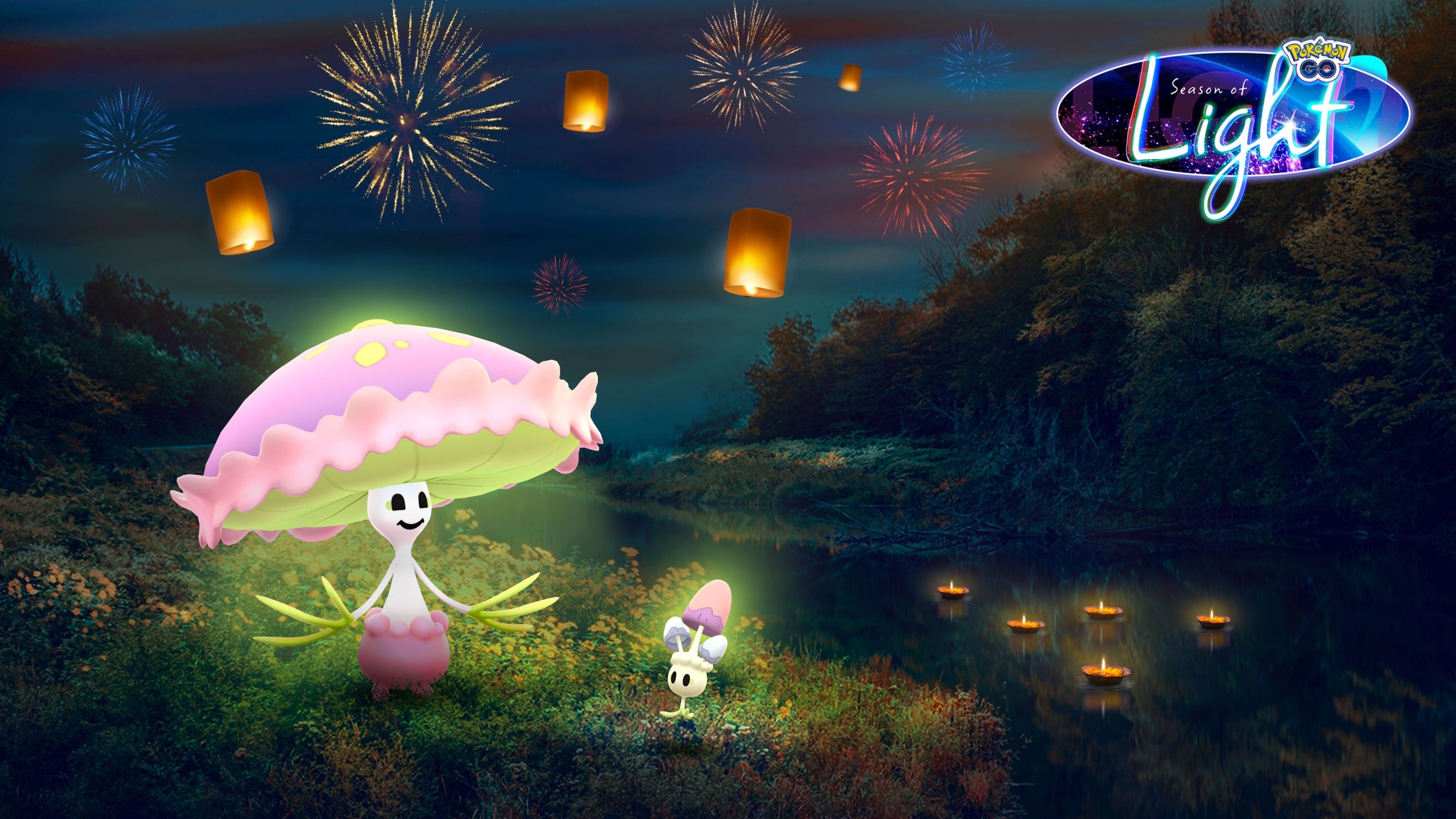 Morelull and Shiinotic from Pokemon with a night sky filled fireworks and lanterns