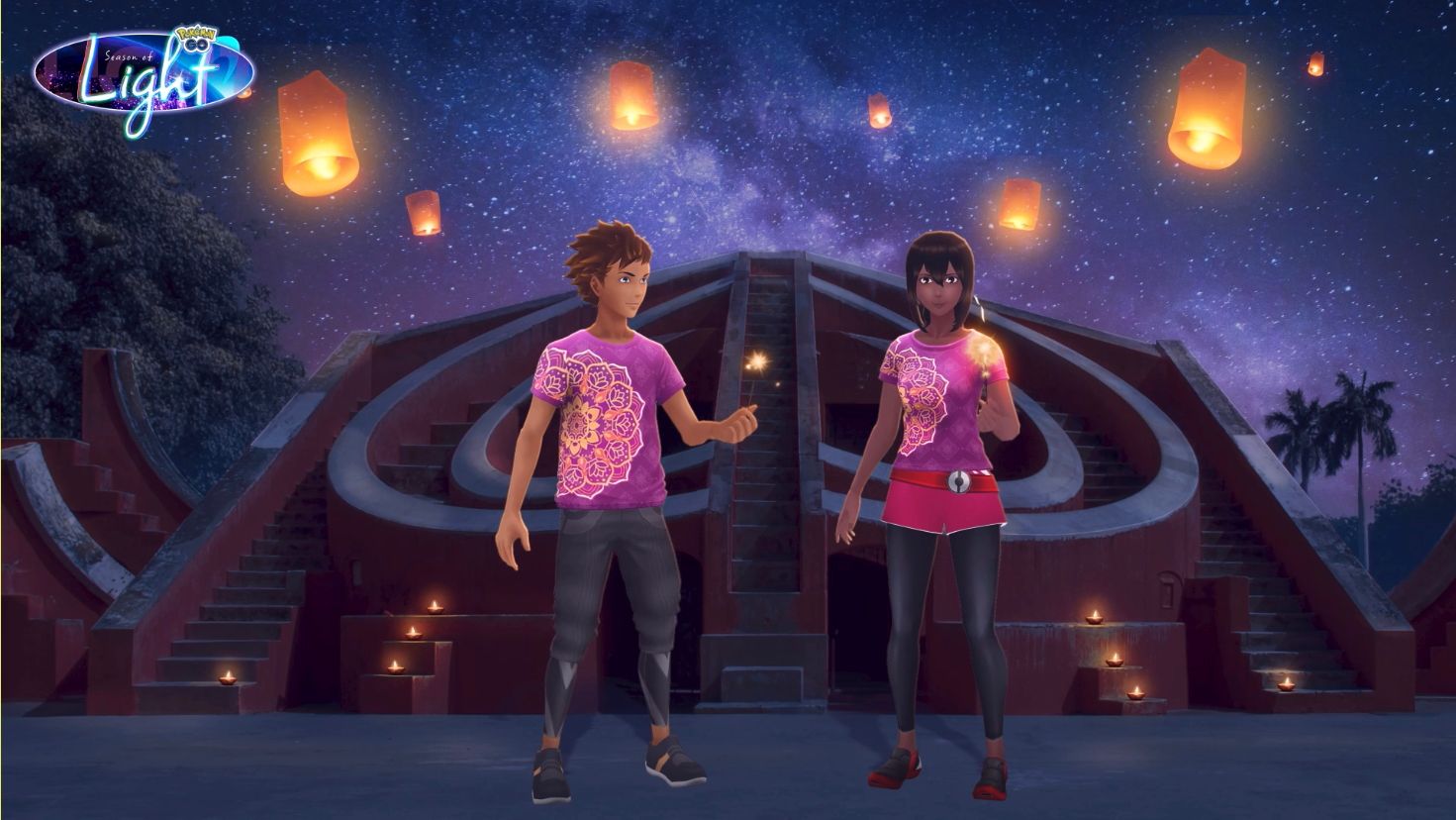 Two Pokemon Go Trainers using the Sparkler Pose cosmetic item
