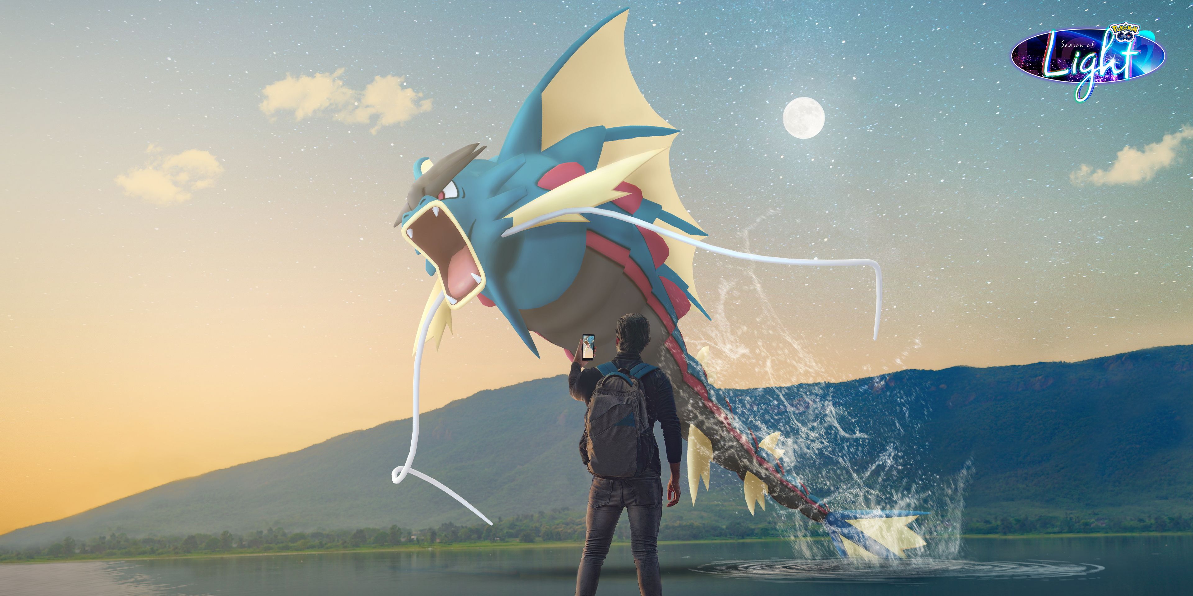 Mega Gyarados jumping out of the water with a person aiming their phone at it