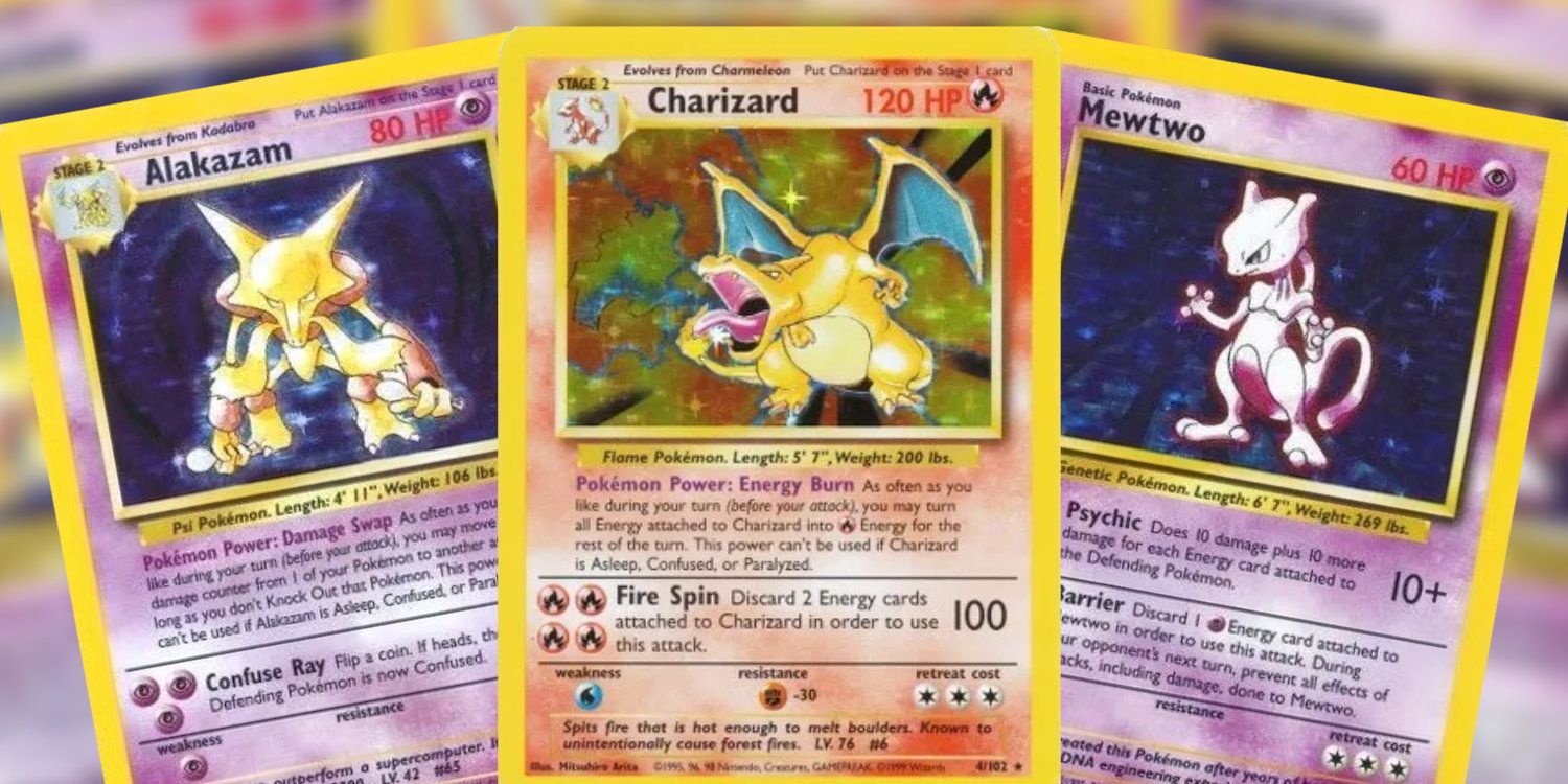 An Alakazam, Charizard, and Mewtwo card from the Base Set Expansion 