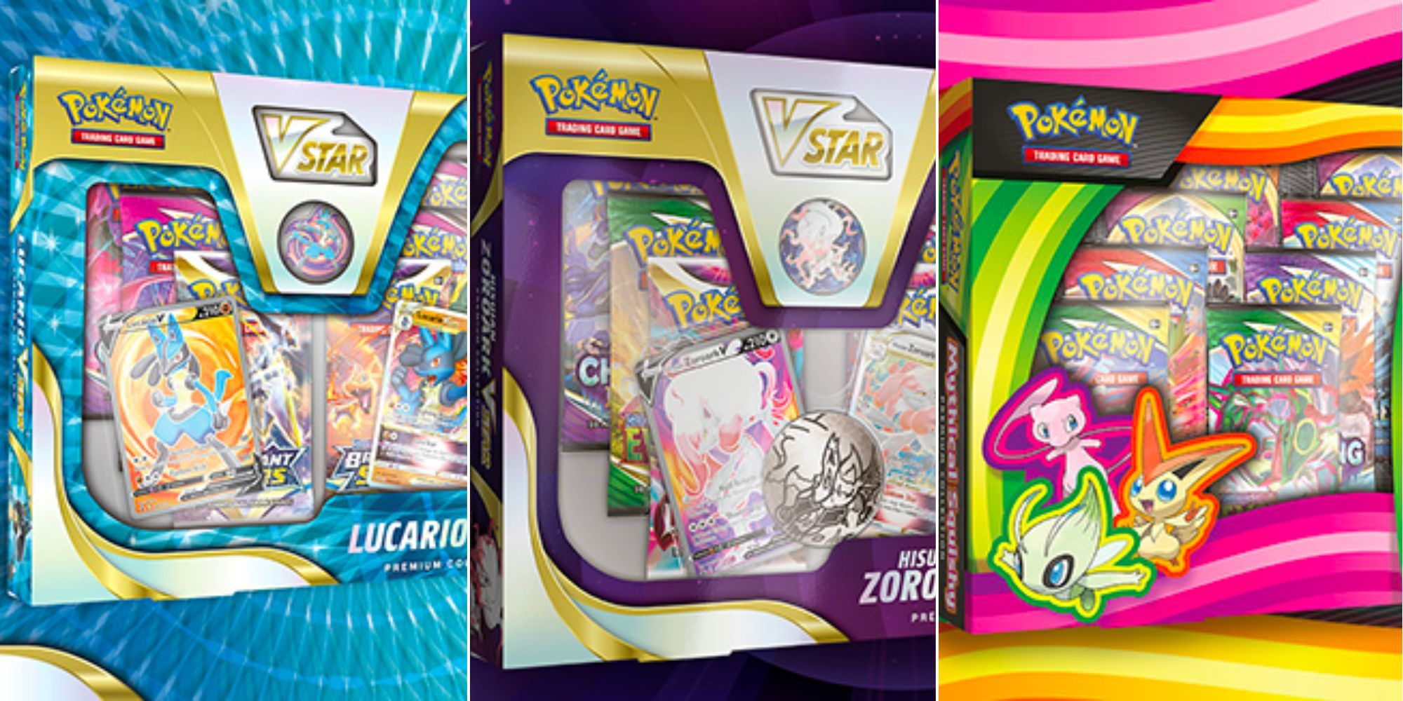 Pokemon TCG: The X Best Premium Collections: Feature Image With Lucario, Hisuian Zoroark and Mythical Pokemon sets