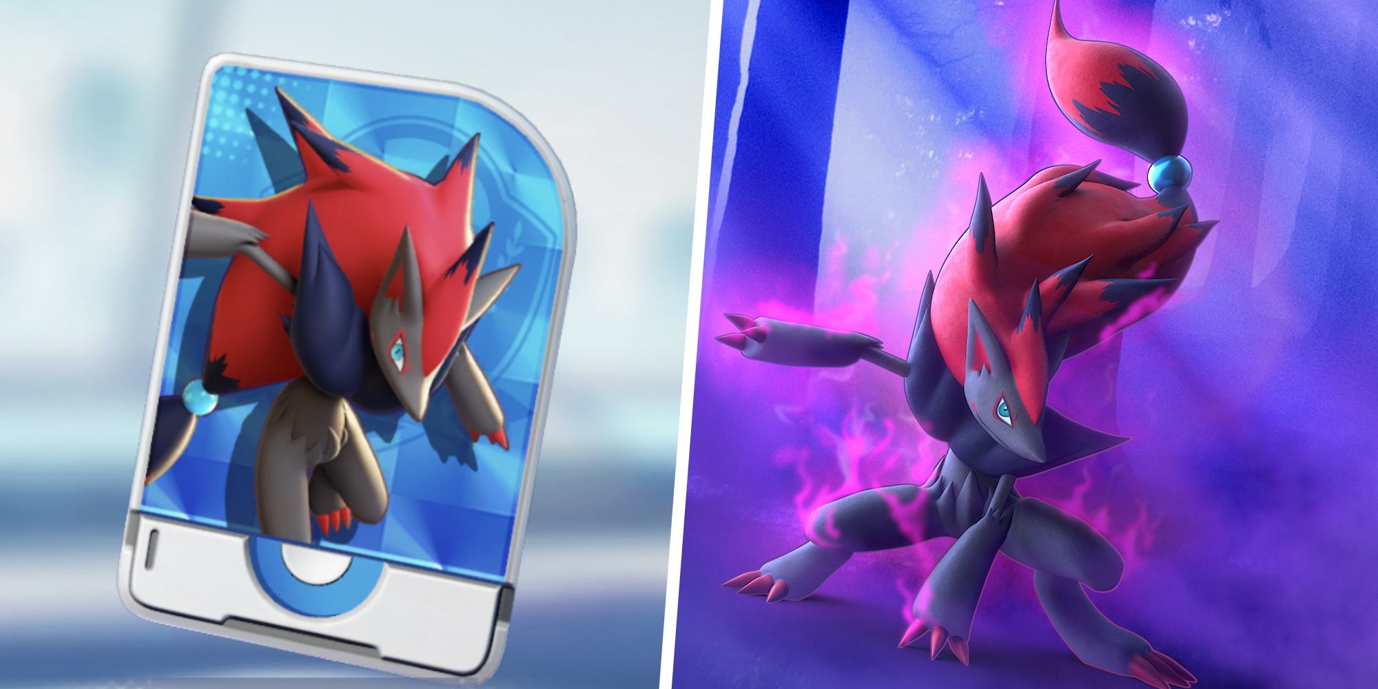 Image of the Zoroark Unite License split with an image of Zoroark in a shrouded forest