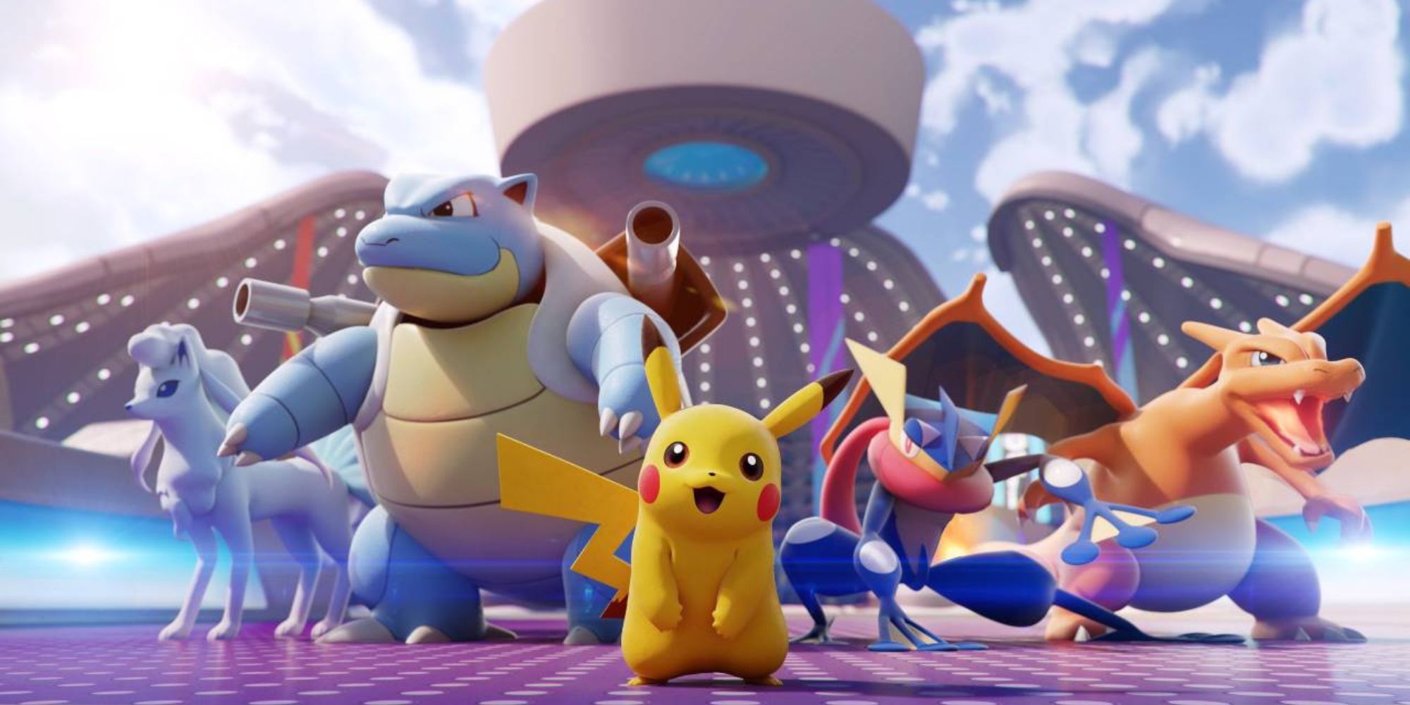 Pikachu, Greninja, Blastoise, Charizard und Alolan Ninetails stehen in einem Stadion