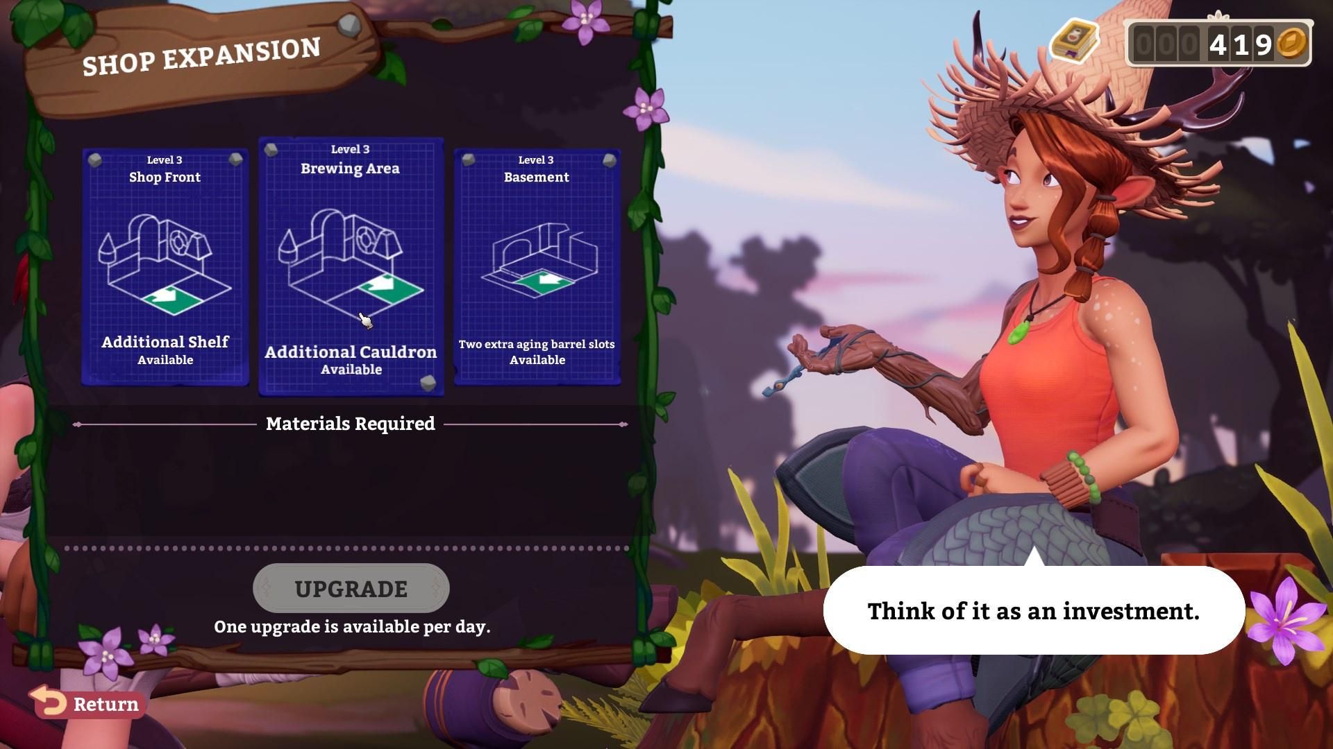 Saffron's upgrade menu in Potionomics.